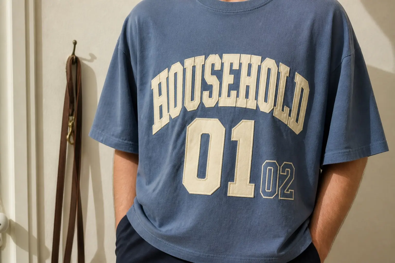A dust blue tee worn from the chest down beside a dog lead on a hook, printed with HOUSEHOLD arched in thick cream varsity capitals, a large numeral 01 beneath it, and a smaller 02 set beside it in outline only
