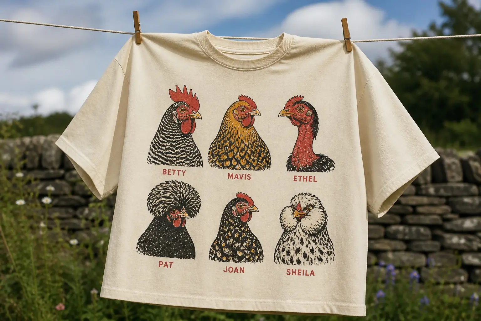 A cream tee pegged on a washing line in front of a dry-stone wall, printed with six hens in two rows of three in flat woodcut-style colour with hard outlines, each captioned beneath in red capitals — Betty, Mavis, Ethel, Pat, Joan and Sheila.
