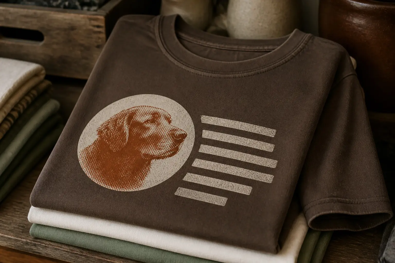 A warm walnut brown tee folded on a stack of other folded shirts on a wooden shelf, printed with a circular rust-ink photo silhouette of a retriever's head beside six horizontal bone-coloured bars standing in for lines of unreadable text, the bottom bar noticeably shorter than the rest.