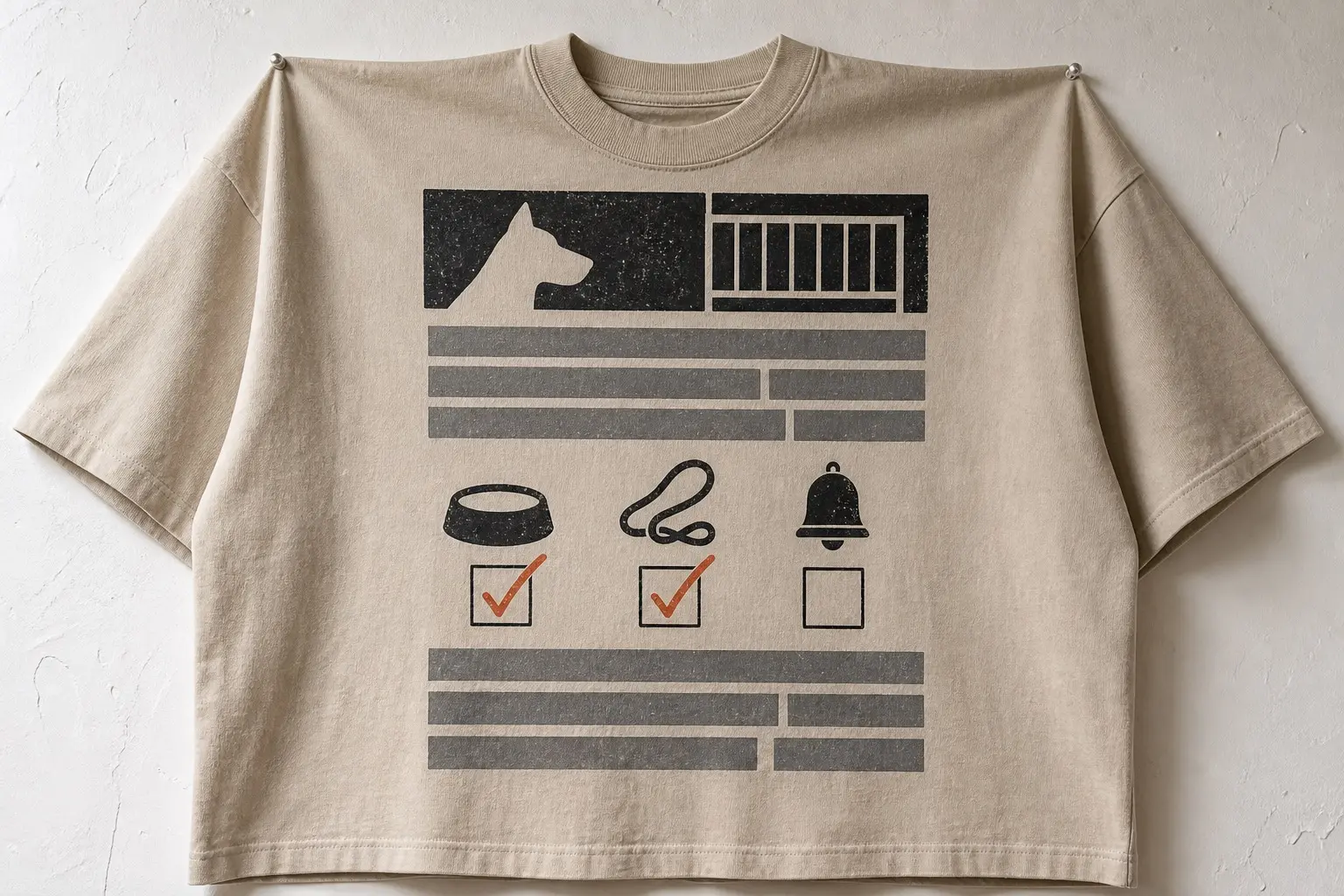 A warm putty tee pinned flat to a wall, printed with a boarding kennel's intake form — a solid black dog silhouette and a crate of bars at the top, rows of unreadable grey text blocks beneath, and three icon boxes lower down for a bowl, a lead and a bell, the bowl and the lead ticked in burnt orange pen and the bell left empty, with no text anywhere on the print