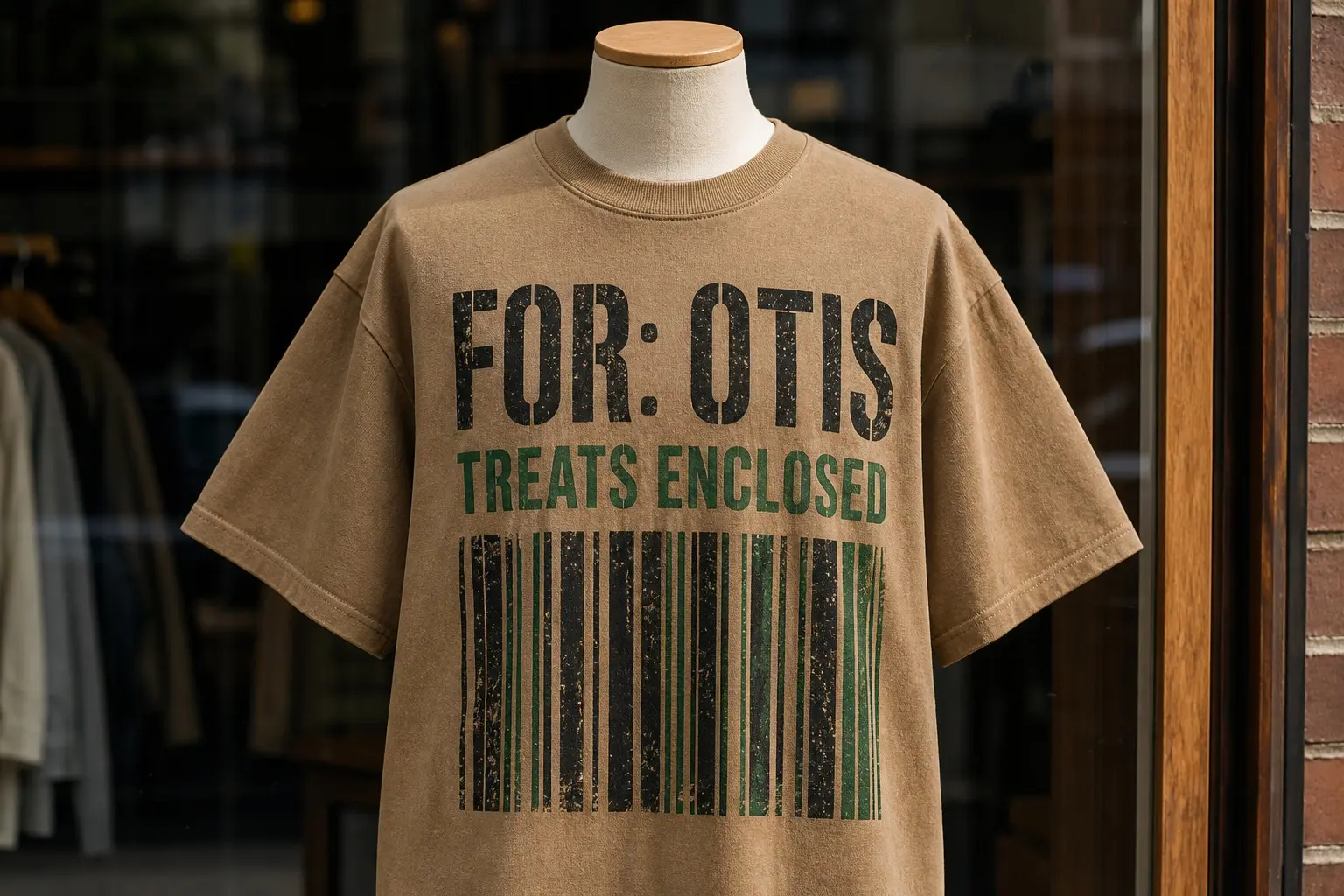 A kraft-brown tee on a shop-window bust, printed with a large shipping label reading FOR: OTIS in black and, in forest green beneath it, TREATS ENCLOSED, above a plain black-and-green barcode, nothing else on the shirt
