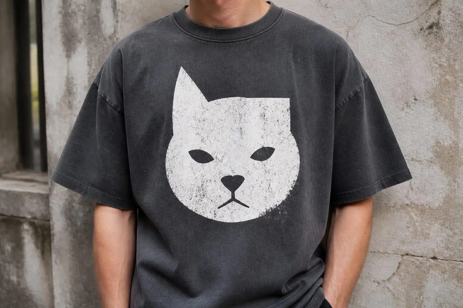 A slate washed tee worn from the chest down against a concrete wall, printed with a cat's head straight on filling the chest as one solid distressed white shape with the eyes, nose and mouth cut out as voids — the ear on the viewer's left rising to a sharp point, the ear on the viewer's right stopping dead in a straight level cut, with nothing on the print explaining why.