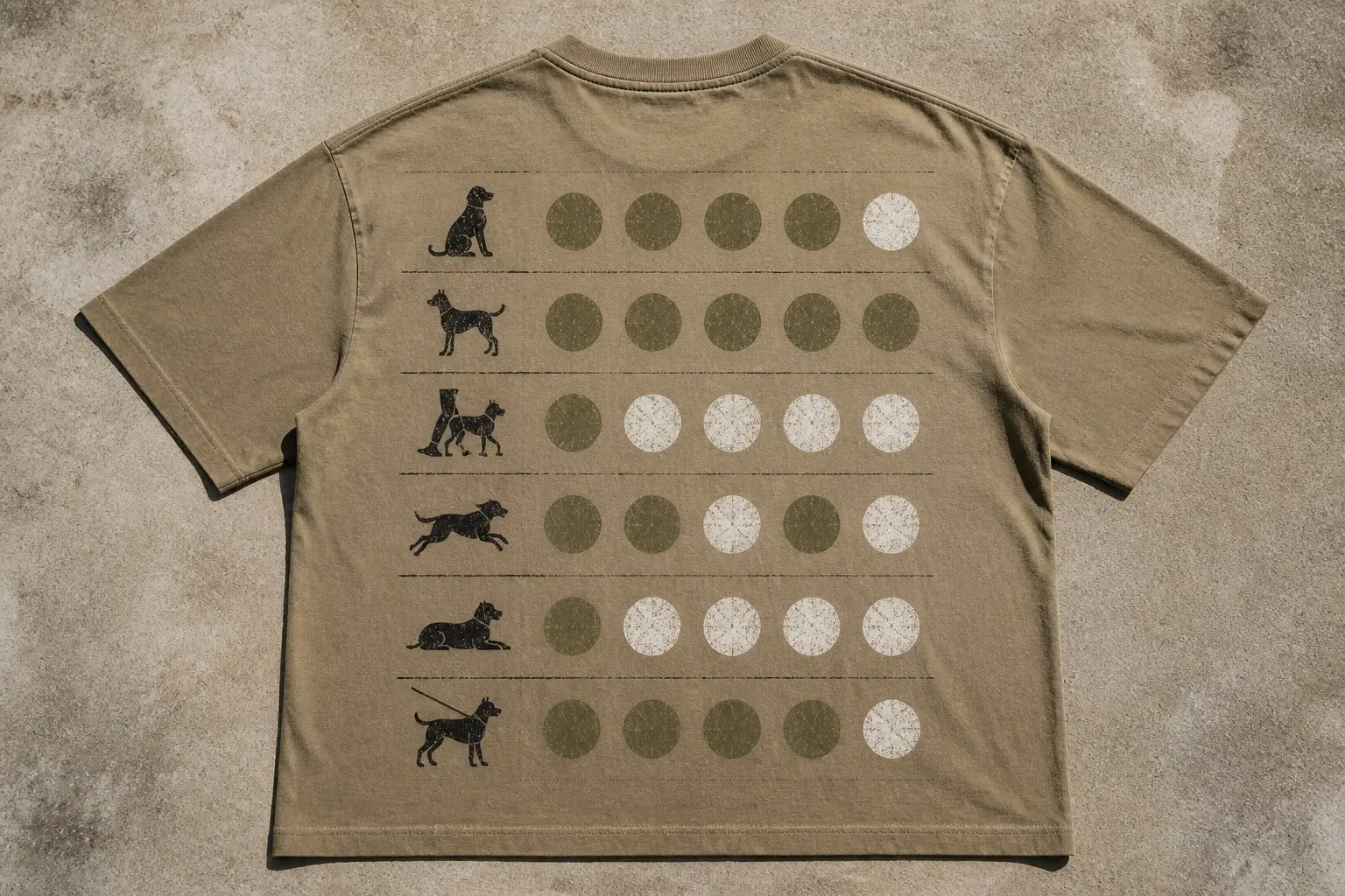 A khaki tee laid flat, printed across the full back with six rows, each pairing a plain black icon of a dog — sitting, standing, walking level with a handler, running, lying down, easy on a lead — with a row of circles in olive and chalk white filled unevenly, no lettering or numbers anywhere