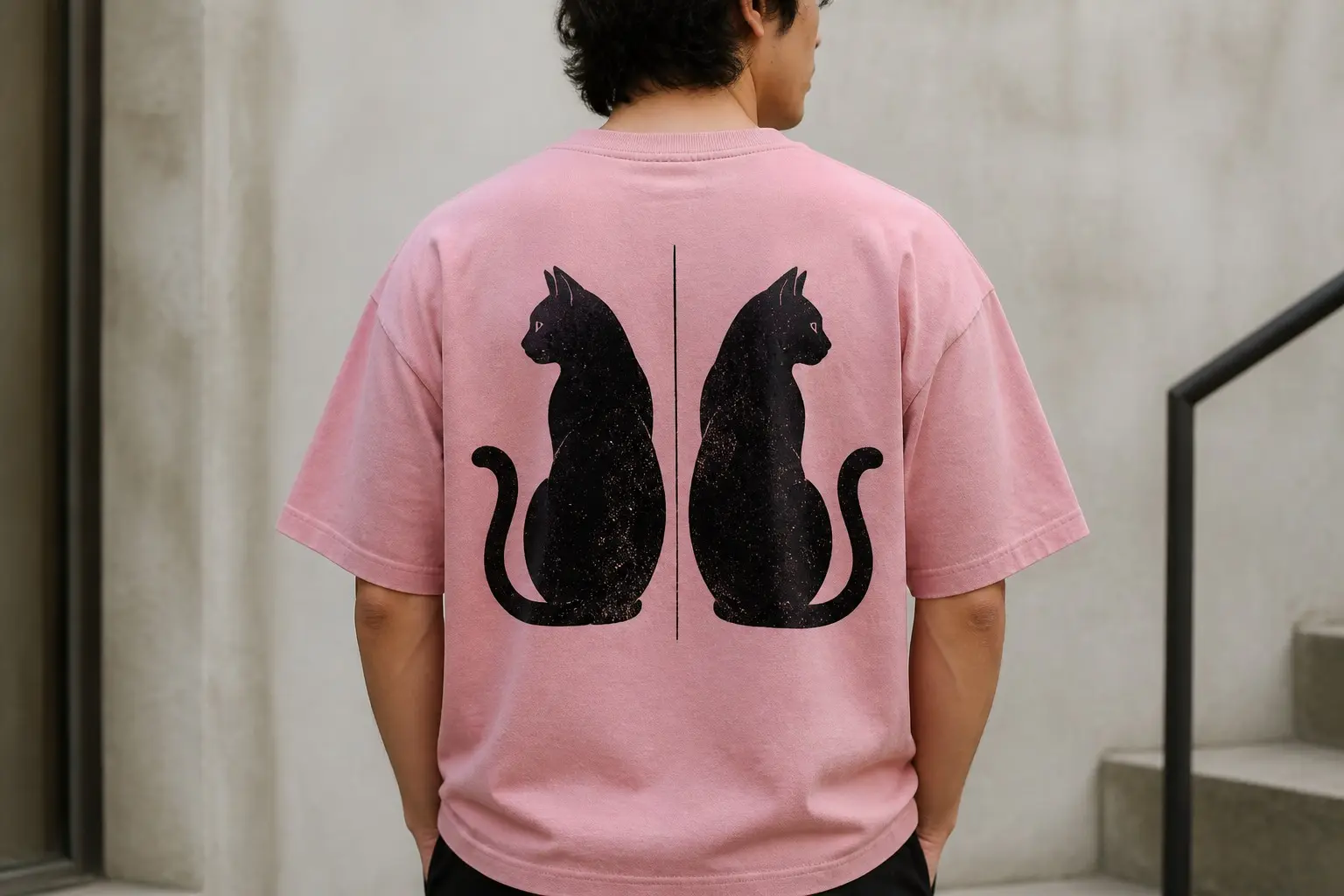 A dusty pink tee worn from behind, printed across the back with two black cat silhouettes seated back to back and mirrored, tails curling outward, a clear gap between them and one thin vertical line running down the gap from top to bottom