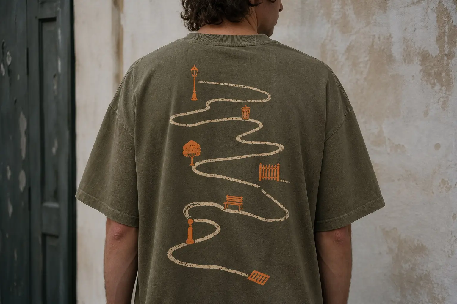 A moss-green tee worn from behind with the print across the back, a single continuous wandering cream line running from top to bottom and turning back on itself several times with both ends left open, marked along its length with small orange marks for a lamp post, a bin, a tree, a length of railing, a bench, a bollard and a drain grate, no street names or text anywhere.