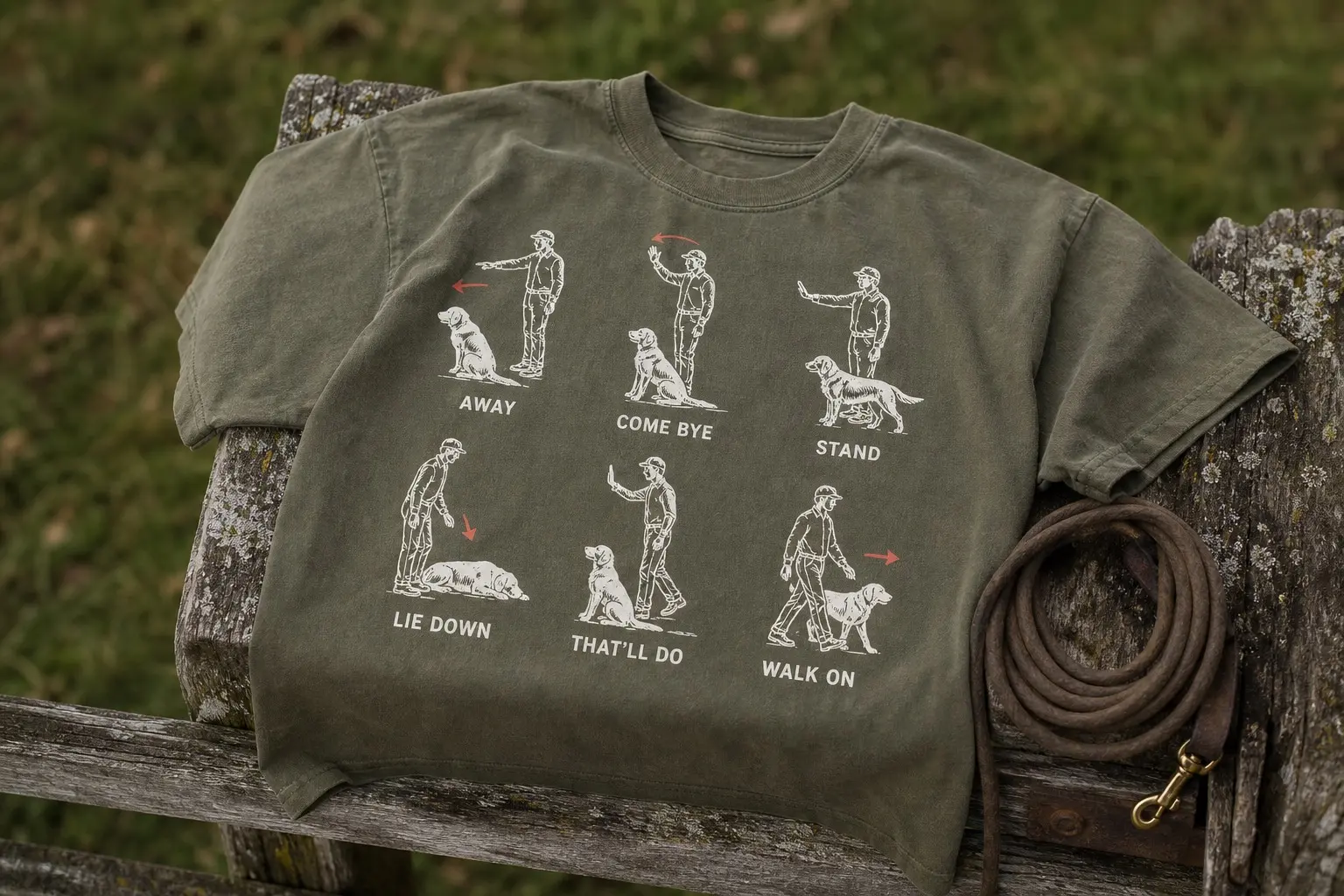 An olive tee flat on a gate post beside a coiled lead, printed with a two-by-three grid of line diagrams pairing a handler's arm position with a dog's response, captioned AWAY, COME BYE, STAND, LIE DOWN, THAT'LL DO and WALK ON