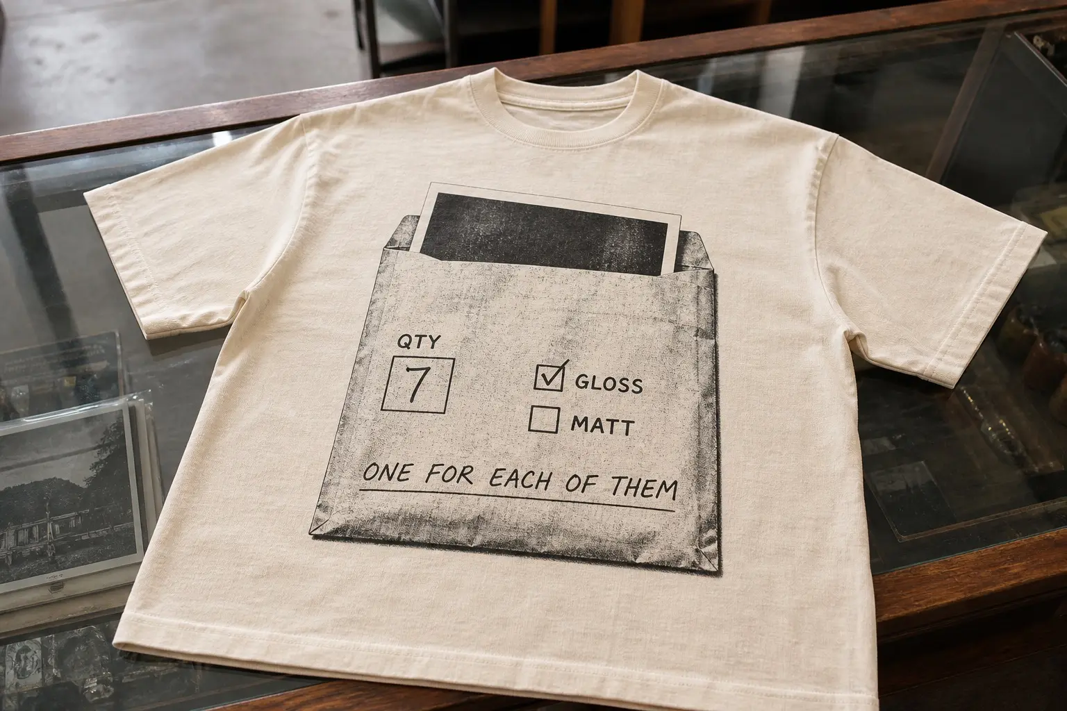 A cream tee flat on a shop counter, printed with a paper photo lab envelope showing a hand-written 7 in the quantity box, GLOSS ticked and MATT unticked, one for each of them written across the bottom in biro, and the white edge of a print showing at the opening