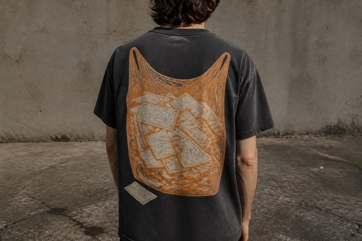 A charcoal t-shirt worn from behind, printed across the full upper back with a large bulging net bag in warm orange linework, its handles pulled taut, holding a dense overlapping jumble of bone-coloured blank photographs seen through the open weave, with one photograph loose on the fabric just below the bag's left side.