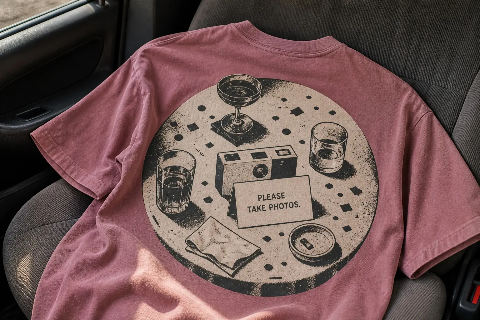A dusty rose t-shirt printed with a round table seen from directly above, the cloth drawn as a plain circle, a small cardboard disposable camera at its centre with a folded card propped against it reading PLEASE TAKE PHOTOS, and around it three glasses at different levels, a folded napkin, a small dish and scattered confetti.