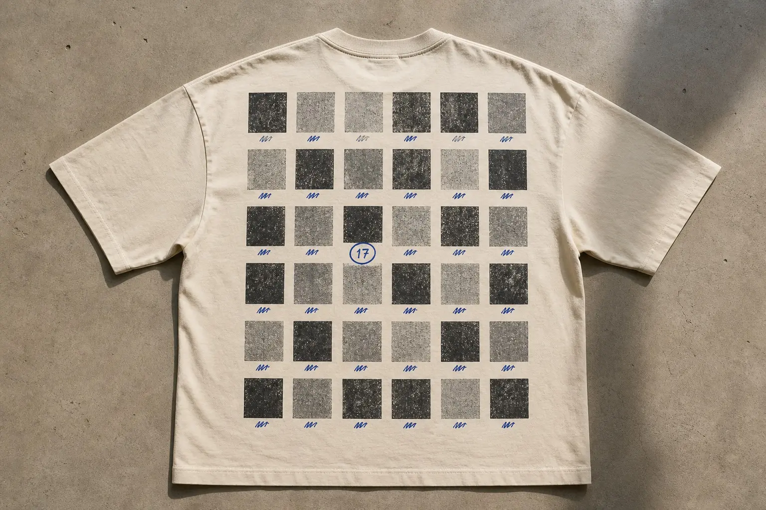 A bone-coloured t-shirt printed with a photographic index sheet — a strict grid of thirty-six tiny thumbnail rectangles, six rows of six, each a plain flat tone with a small number beneath it, every number an unreadable mark except one circled clearly in pen, 17.