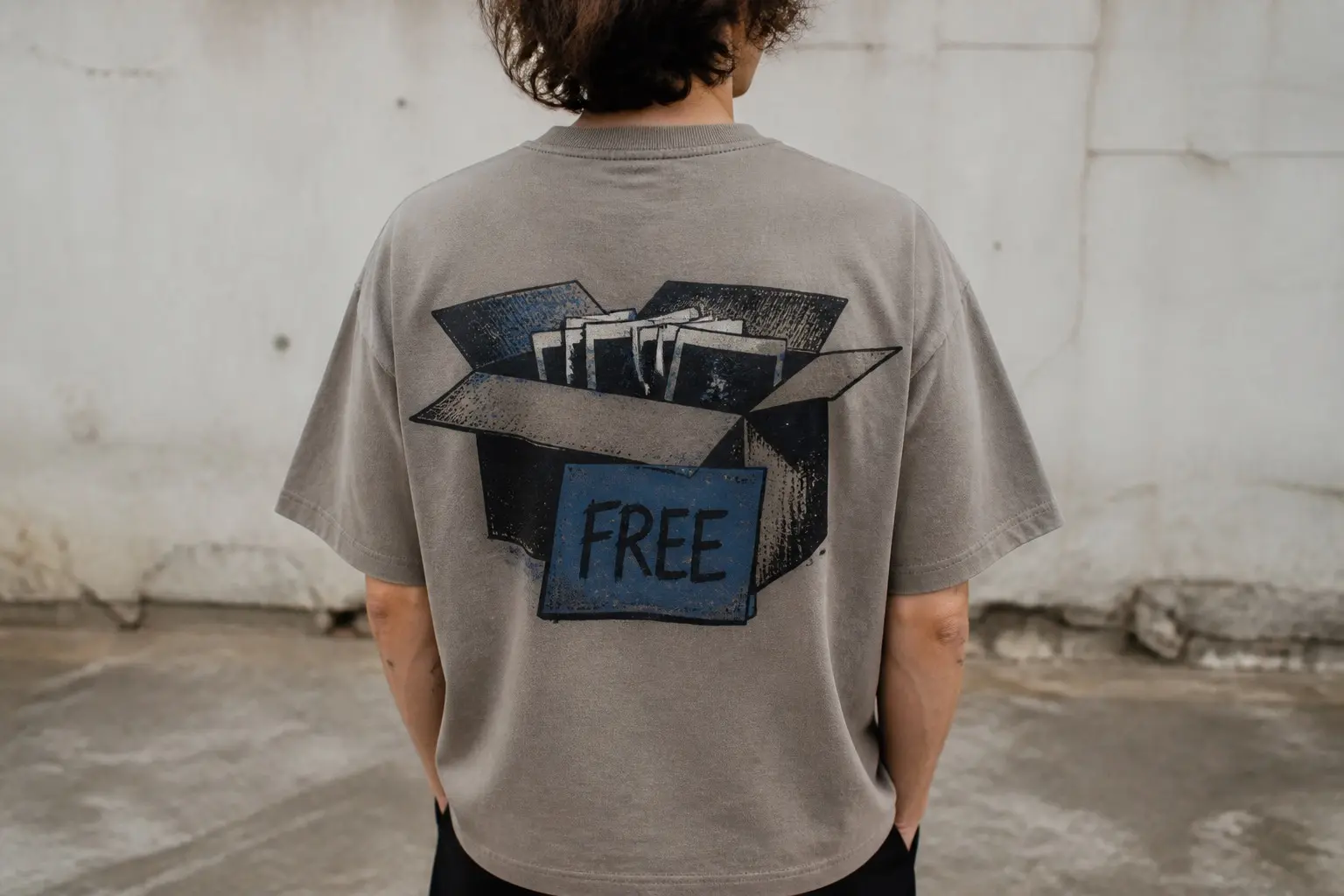 A taupe t-shirt printed on the back with an open cardboard box holding a loose handful of blank photographs leaning against each other, a blue sign fixed to the box's front panel reading FREE, in black and one faded blue ink.