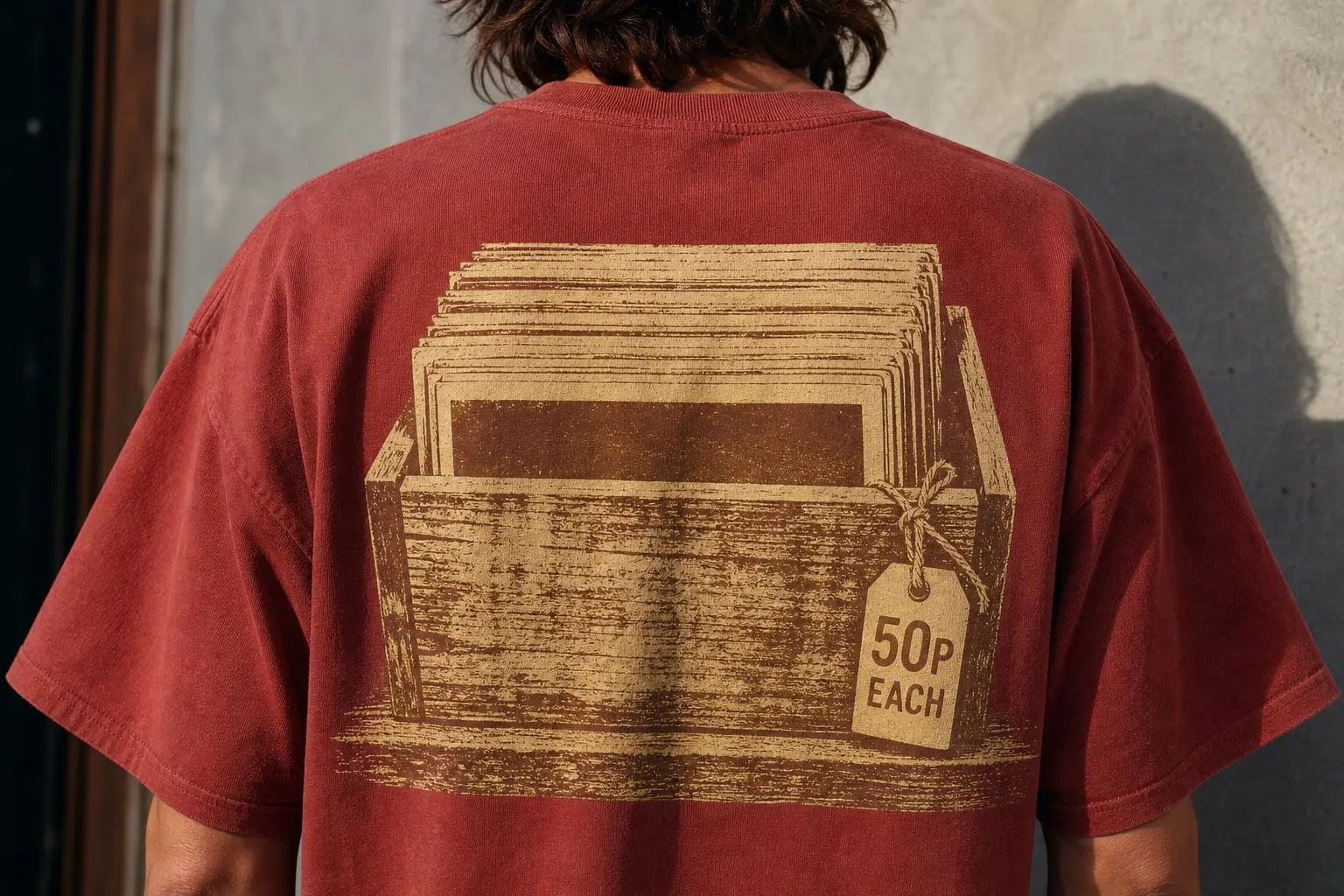 A brick red t-shirt worn over one shoulder, printed with a wooden crate of blank bone-coloured photographic prints stood on end in tight rows, a paper tag tied to the crate's front right corner reading 50P EACH.