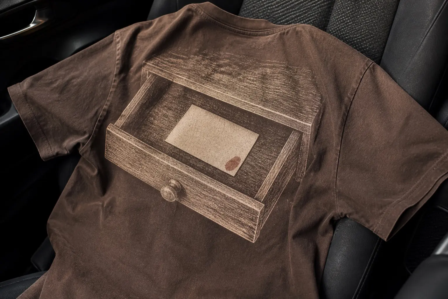 An umber t-shirt thrown across a car seat, printed with a wooden drawer pulled half open and otherwise empty, one blank bone-coloured photograph lying face down near the back with a small rust fingerprint smudged into one corner.