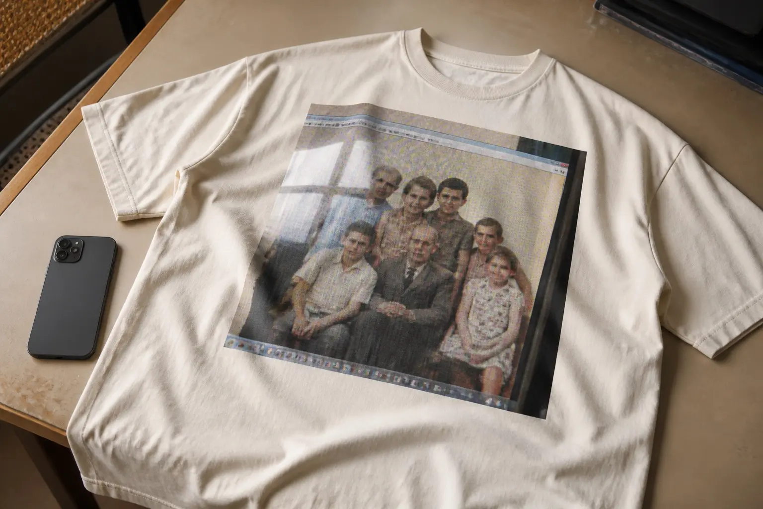 An off-white t-shirt lying flat on a desk beside a phone, printed with a phone snapshot of an old family photograph displayed on a computer monitor, showing fine moiré interference across the image, a bright rectangular window reflection over one corner, and a sliver of black screen bezel at the edge