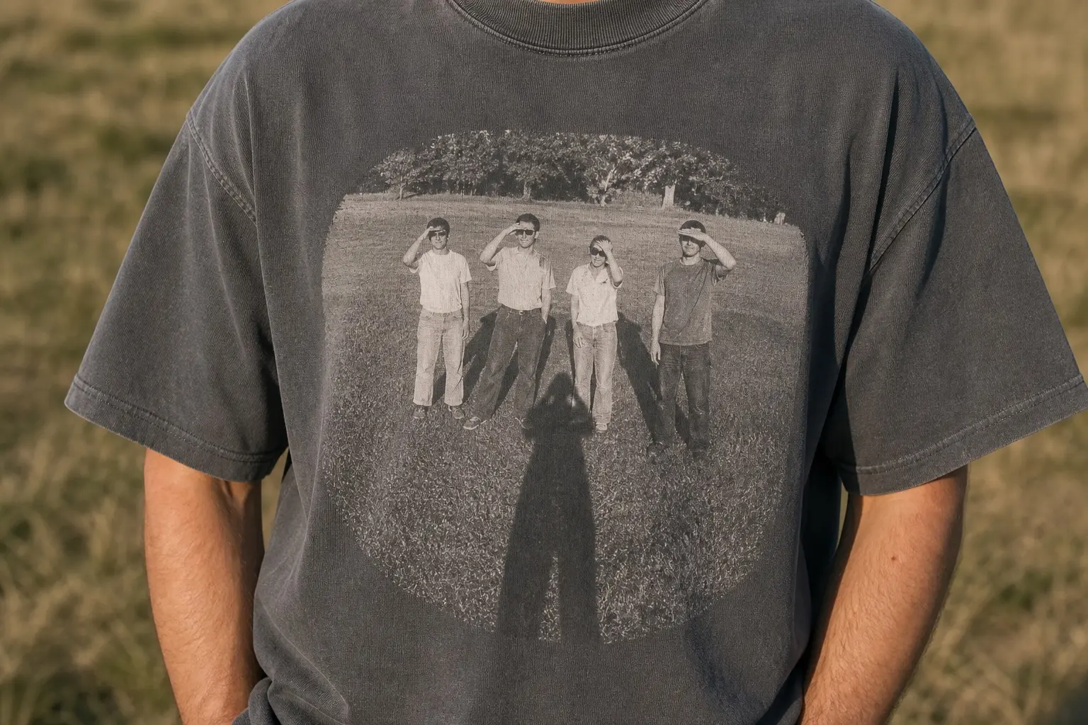 A slate grey t-shirt worn from the chest down in a field, printed with a monochrome snapshot of four people standing on grass and squinting into the sun, with the long shadow of the photographer stretching in from the bottom edge of the frame toward them