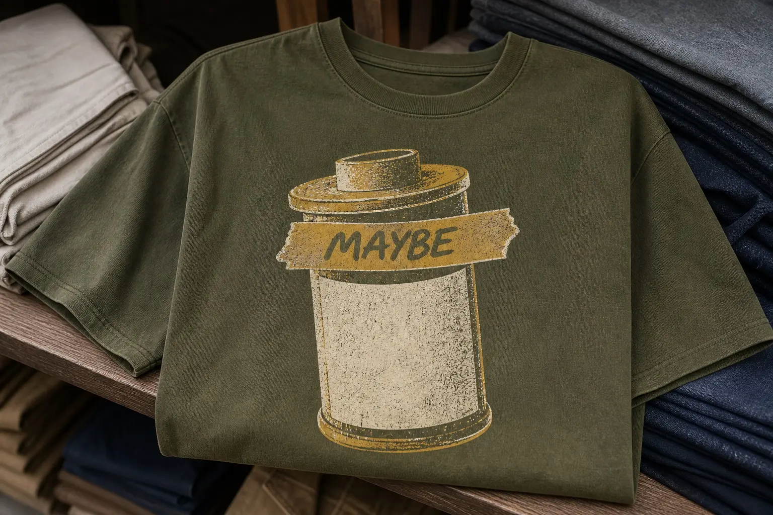 An olive t-shirt printed with one exposed film canister, straight on and large, its lid pushed on crookedly, the leader wound fully inside so nothing protrudes, a strip of masking tape across the lid hand-written with one word, MAYBE, and the canister's own label left as a plain blank band.
