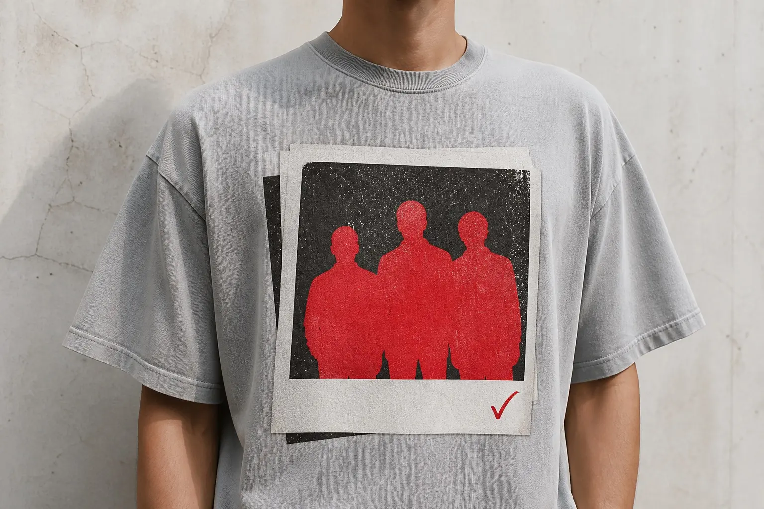 A pale grey t-shirt printed with two photographs overlapping and offset by a few millimetres, both showing the same three plain featureless silhouettes, with a single small red pen tick marked on the top print's white border.