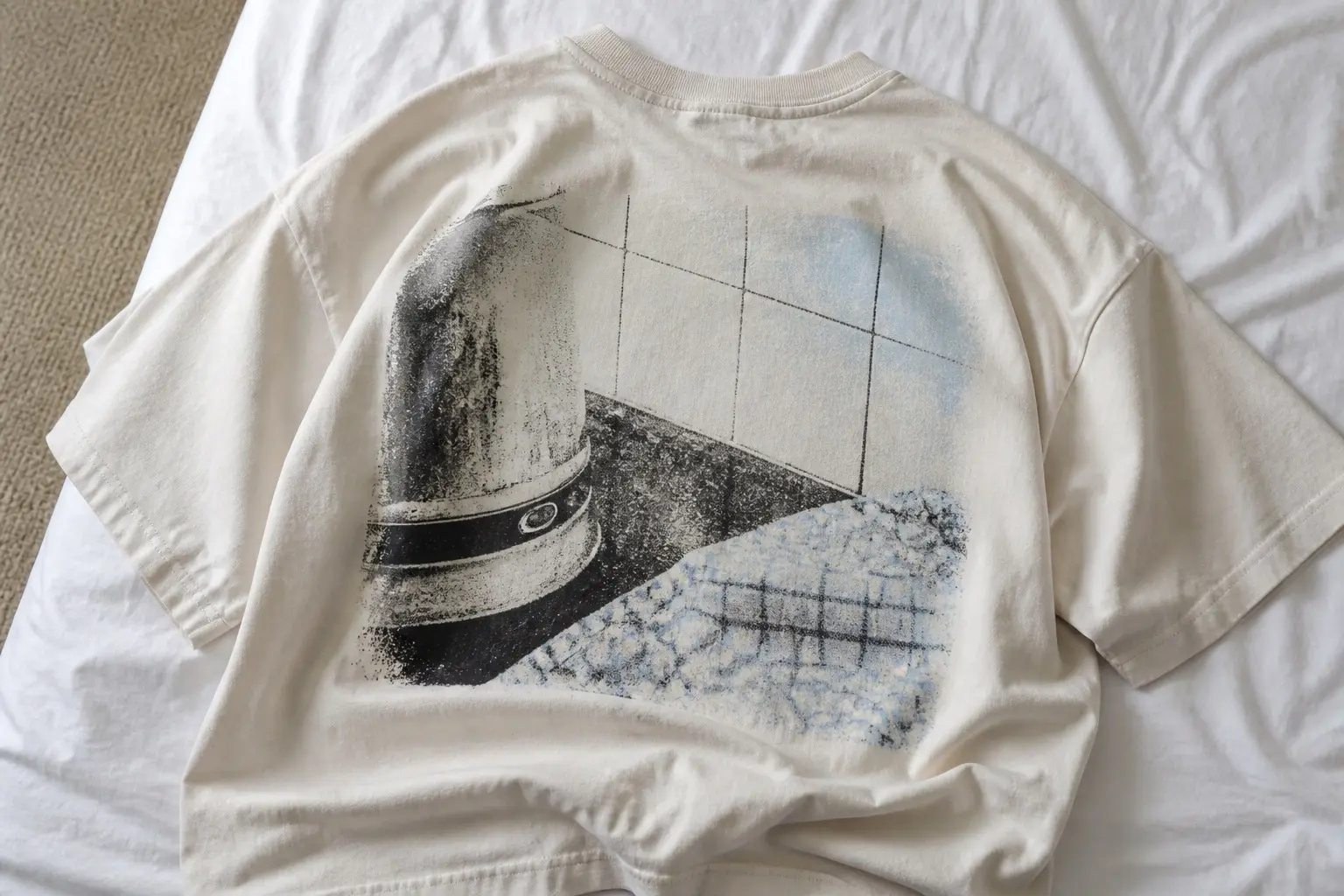 A bone tee printed with one large photograph in a plain white border, showing a close section of kitchen worktop with a kettle base, a tea towel and part of a tiled wall, framed carelessly so the tiles run out at an angle, nobody in it, and slightly overexposed.