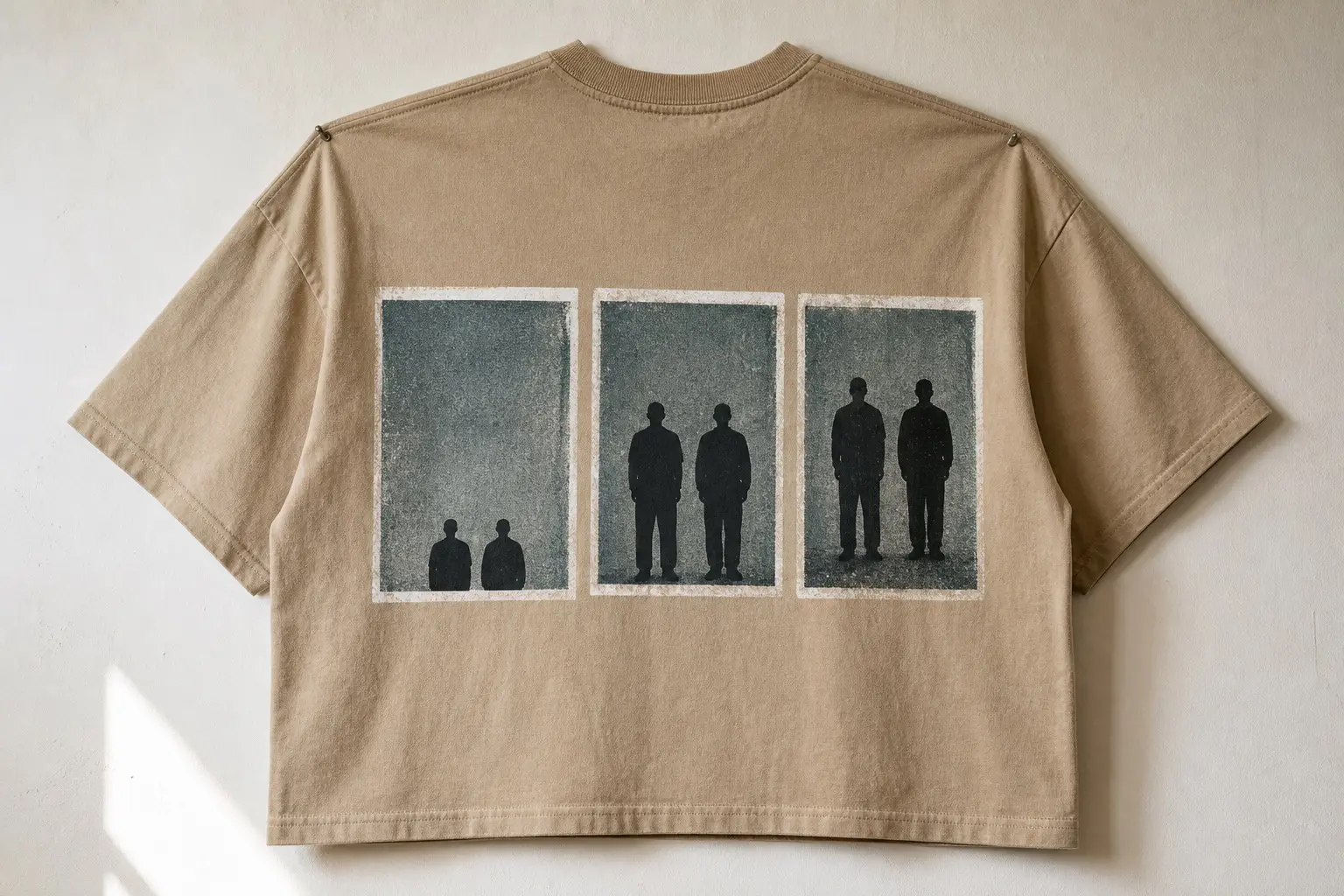 A warm sand coloured t-shirt printed with three white-bordered prints in a row, each showing the same two plain featureless silhouettes against the same plain background, framed differently in each — too low with empty space above, cut off at the ankles, then centred and correct — all three the same size.