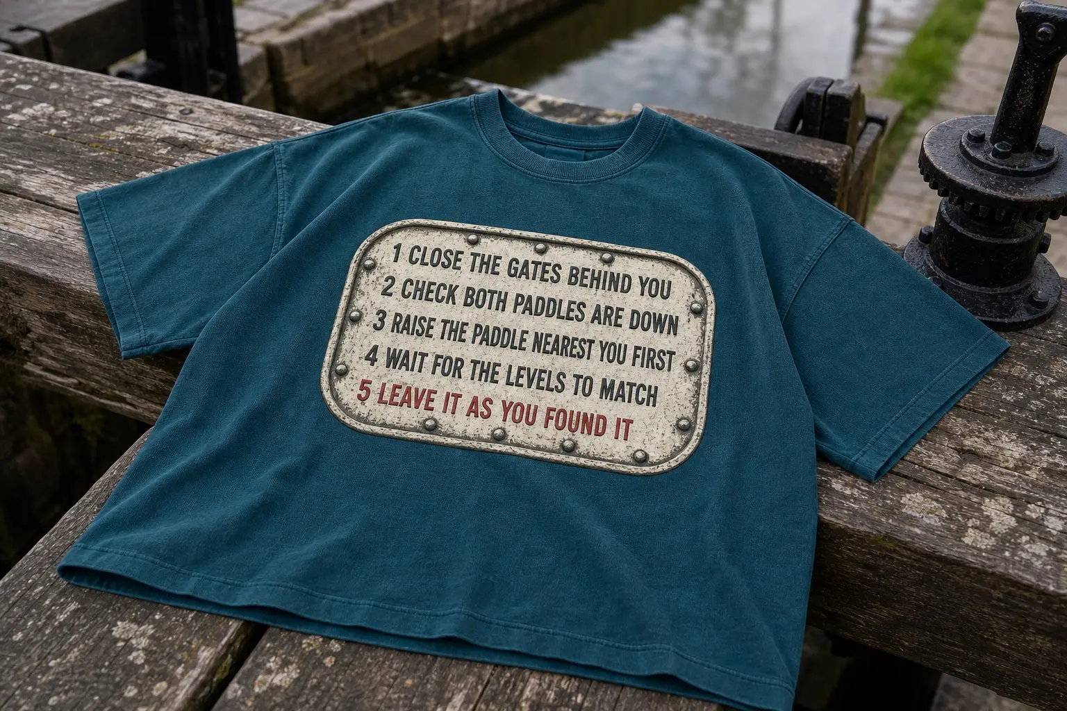 A dark teal tee printed with a weathered cast notice plate in cream and red, riveted border, five numbered lines reading close the gates behind you, check both paddles are down, raise the paddle nearest you first, wait for the levels to match, and leave it as you found it in red.