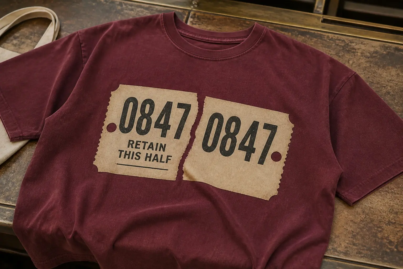 An oxblood tee printed with a small two-part cloakroom ticket in cream and black, the number 0847 on both halves, RETAIN THIS HALF printed above a ruled line for a date, and the perforation torn a little crooked so one half overlaps the other.