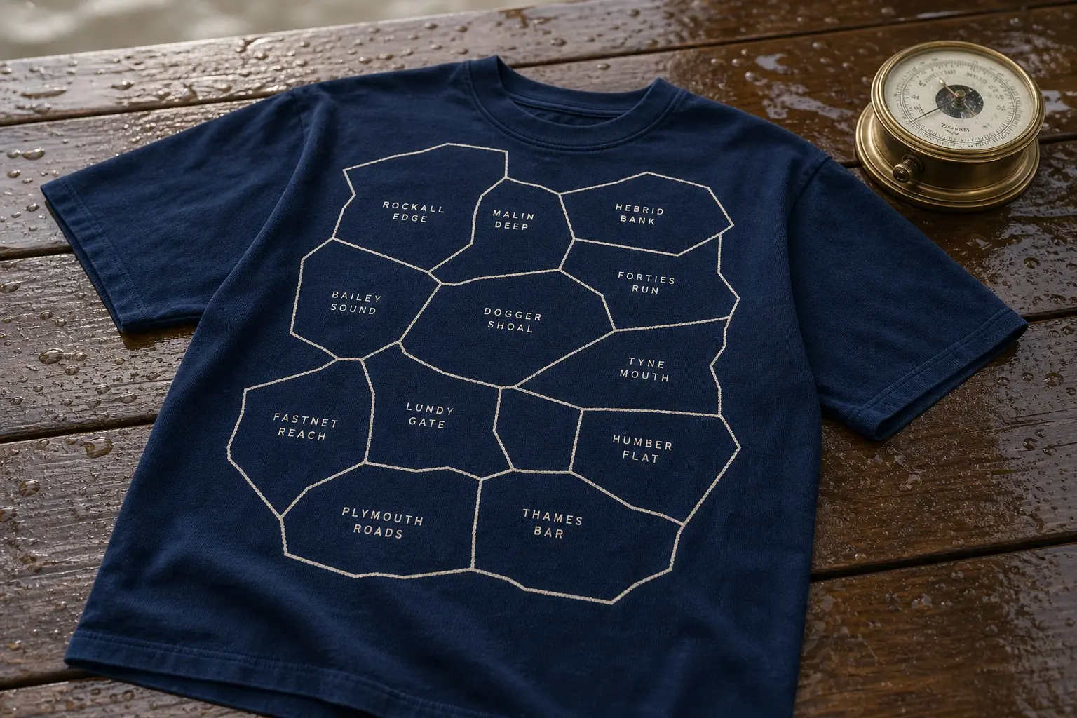 A deep navy tee printed in cream with a sea area map divided by straight ruled boundaries into twelve named boxes with no coastline shown — FASTNET REACH, DOGGER SHOAL, MALIN DEEP, LUNDY GATE, ROCKALL EDGE, BAILEY SOUND, HEBRID BANK, FORTIES RUN, TYNE MOUTH, HUMBER FLAT, THAMES BAR and PLYMOUTH ROADS.