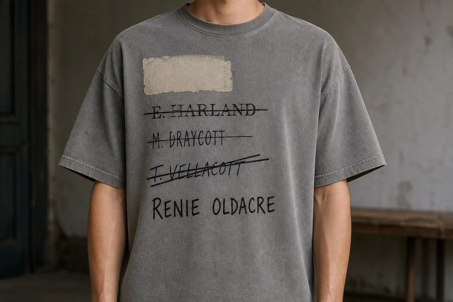 A washed-grey tee worn on the body, printed with four owner names in four different hands — E. HARLAND, M. DRAYCOTT and T. VELLACOTT each struck through, RENIE OLDACRE below them untouched — under a pale torn-edged rectangle where a pasted label was peeled away.