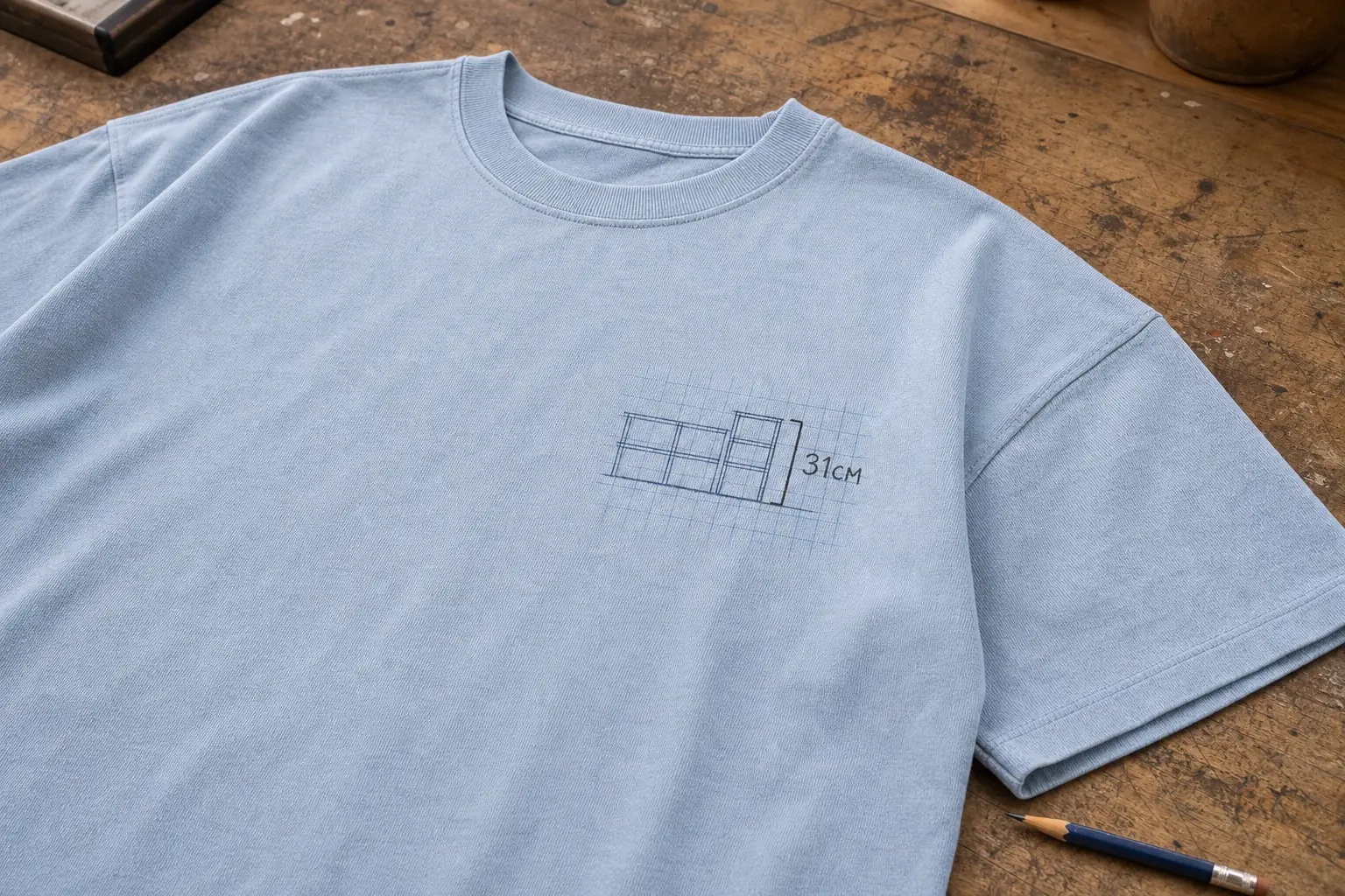 A pale blue tee laid flat on a wood workbench beside a pencil, printed high on the left chest with a small hand-drawn shelf elevation on faint blue graph paper — three equal bays ruled in pencil, a fourth bay drawn taller, boxed off with a bracket and labelled 31cm.