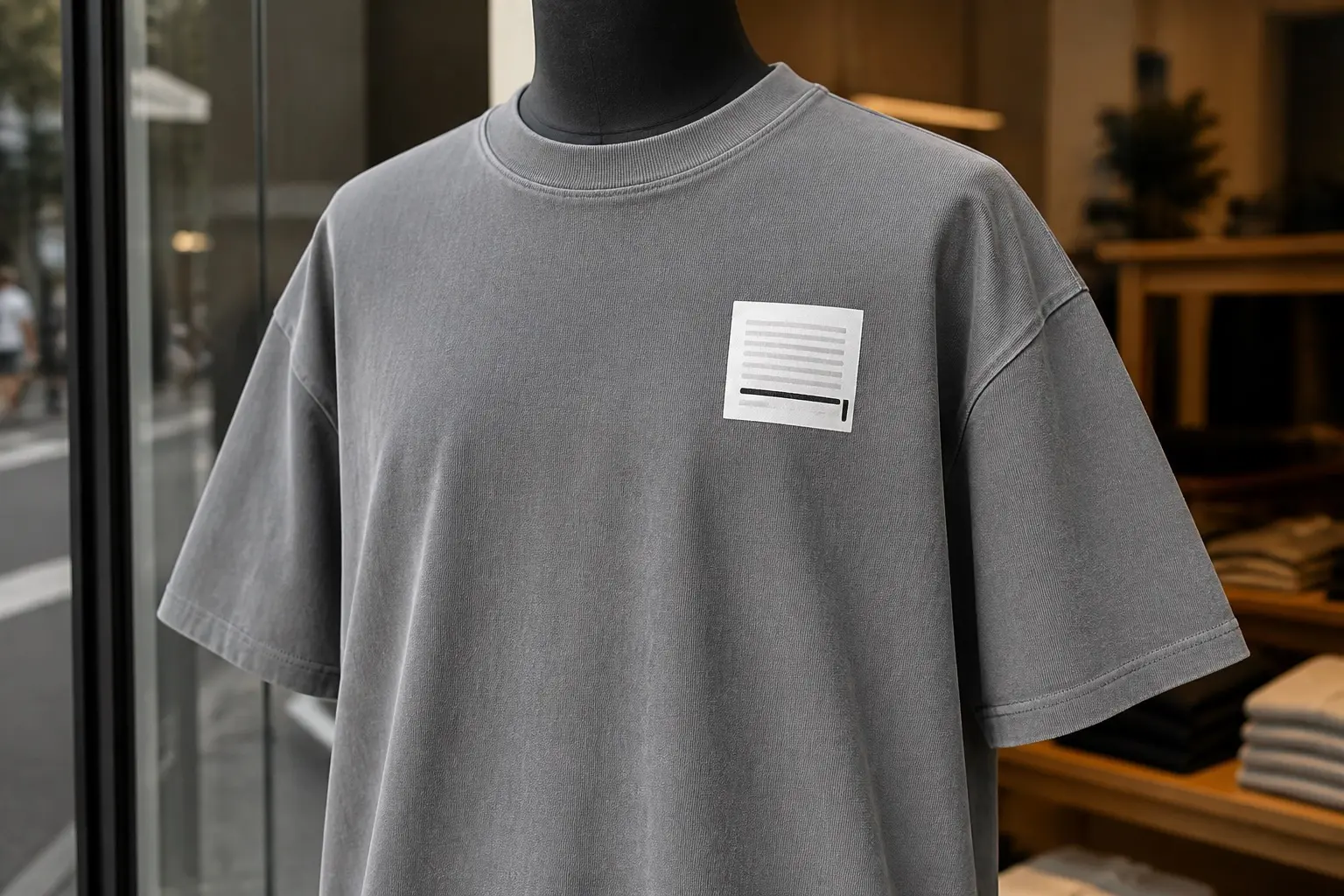 A grey tee on a shop-window mannequin, printed small and high on the left chest with a white page of pale grey type bars, one thick black underline overshooting a bar at both ends, and a short black vertical stroke at its right-hand end.
