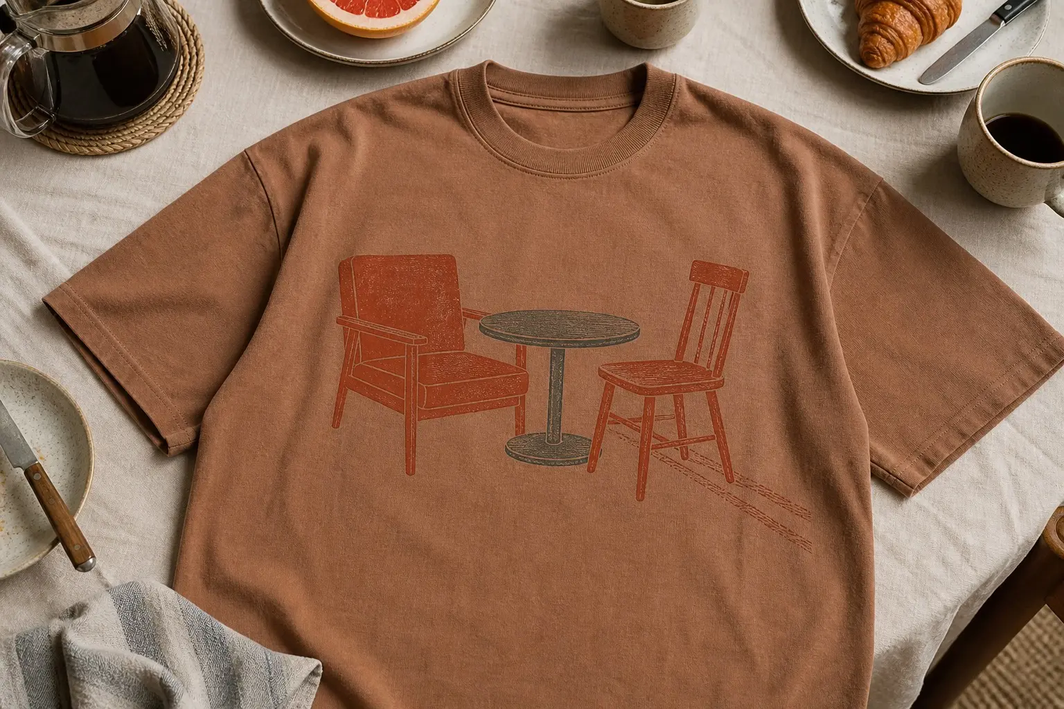 A clay tee printed in terracotta and grey with one armchair drawn square to a small round side table and one plain straight-backed wooden chair dragged up at an angle on the table's other side, two parallel scuff tracks scored into the floor behind its legs.