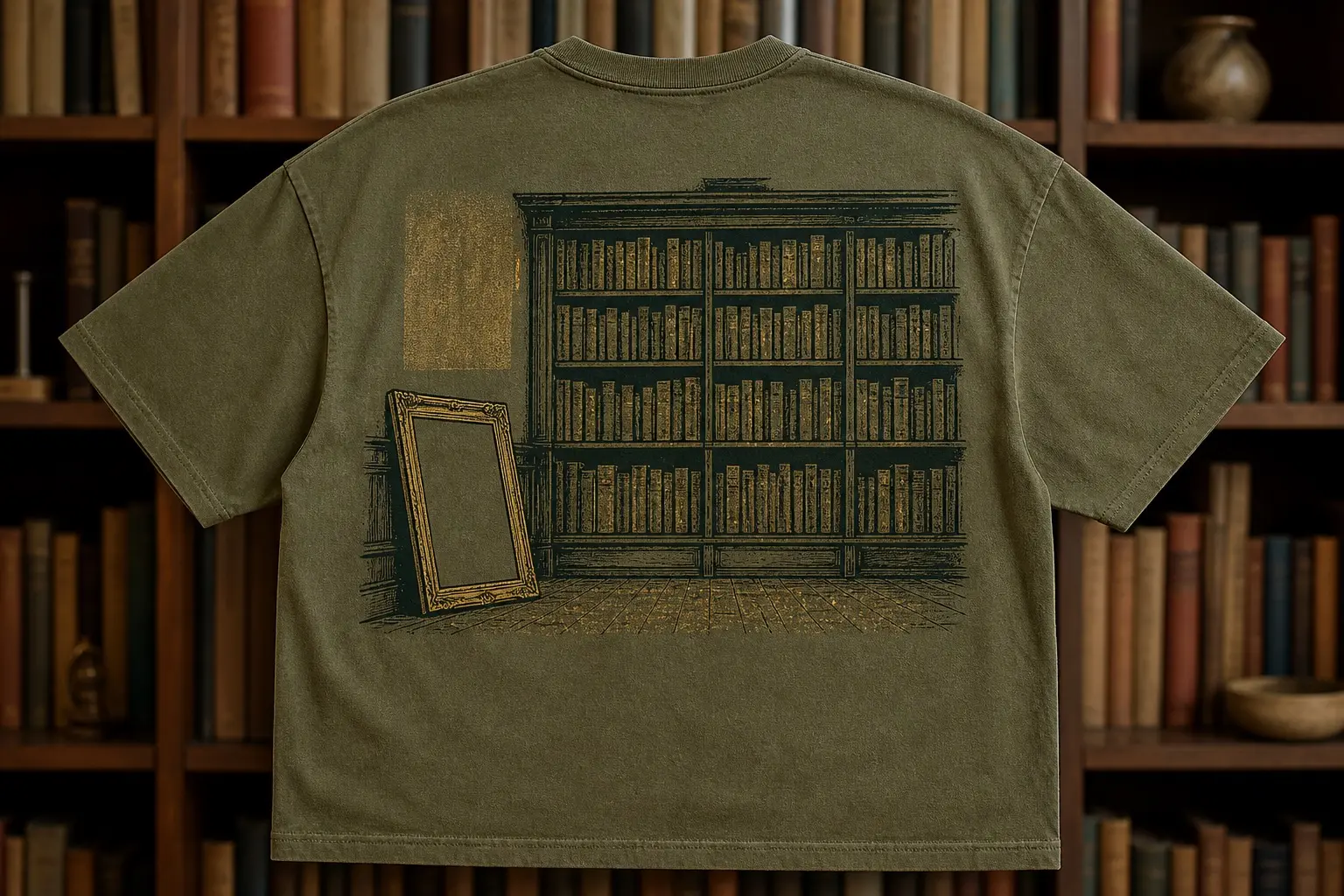 A moss green tee printed as a back print in deep pine and dull gilt with a tall bookcase filled edge to edge with blank spines, and beside it a framed picture propped on the floor face-turned to the wall, its blank back the flattest shape in the print, with a slightly different-toned patch of wall showing above where it used to hang.