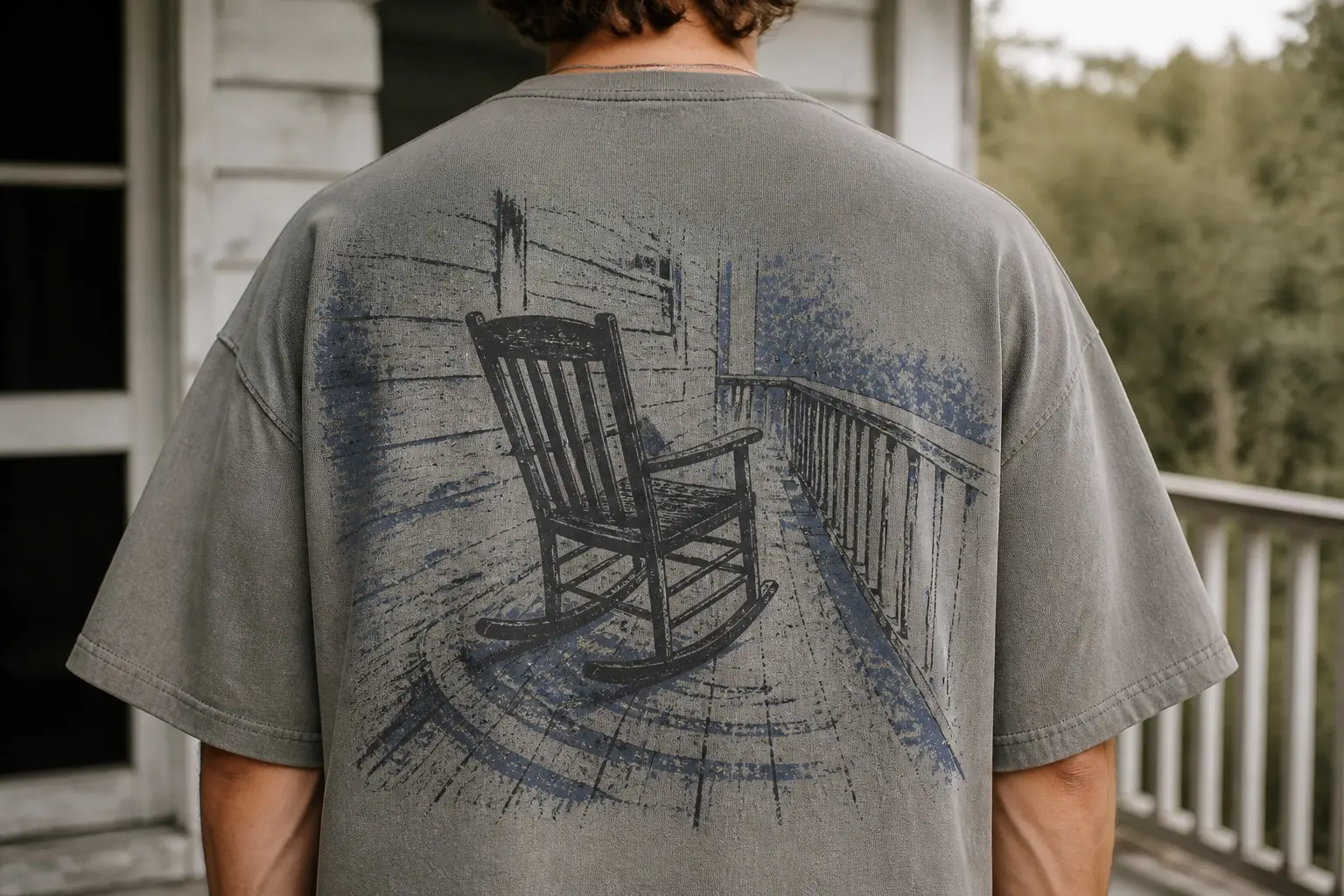 A driftwood grey tee printed as a back print in soft charcoal and faded blue with a rocking chair turned three-quarters away from a porch rail and the garden beyond it, facing a plain wall instead, two worn arcs pressed into the porch boards beneath the rockers curving the same direction the chair is turned.