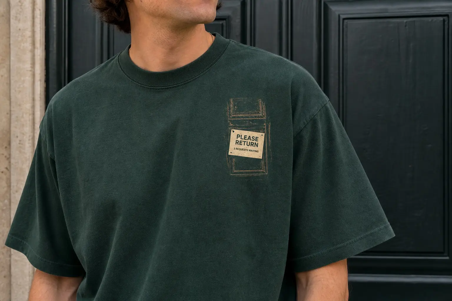 A forest-green tee worn near a black panelled door, printed high on the left chest with a small gold-brown line drawing of a door's upper panel and, tacked below it, a cream notice reading PLEASE RETURN above smaller text reading 3 REQUESTS WAITING.