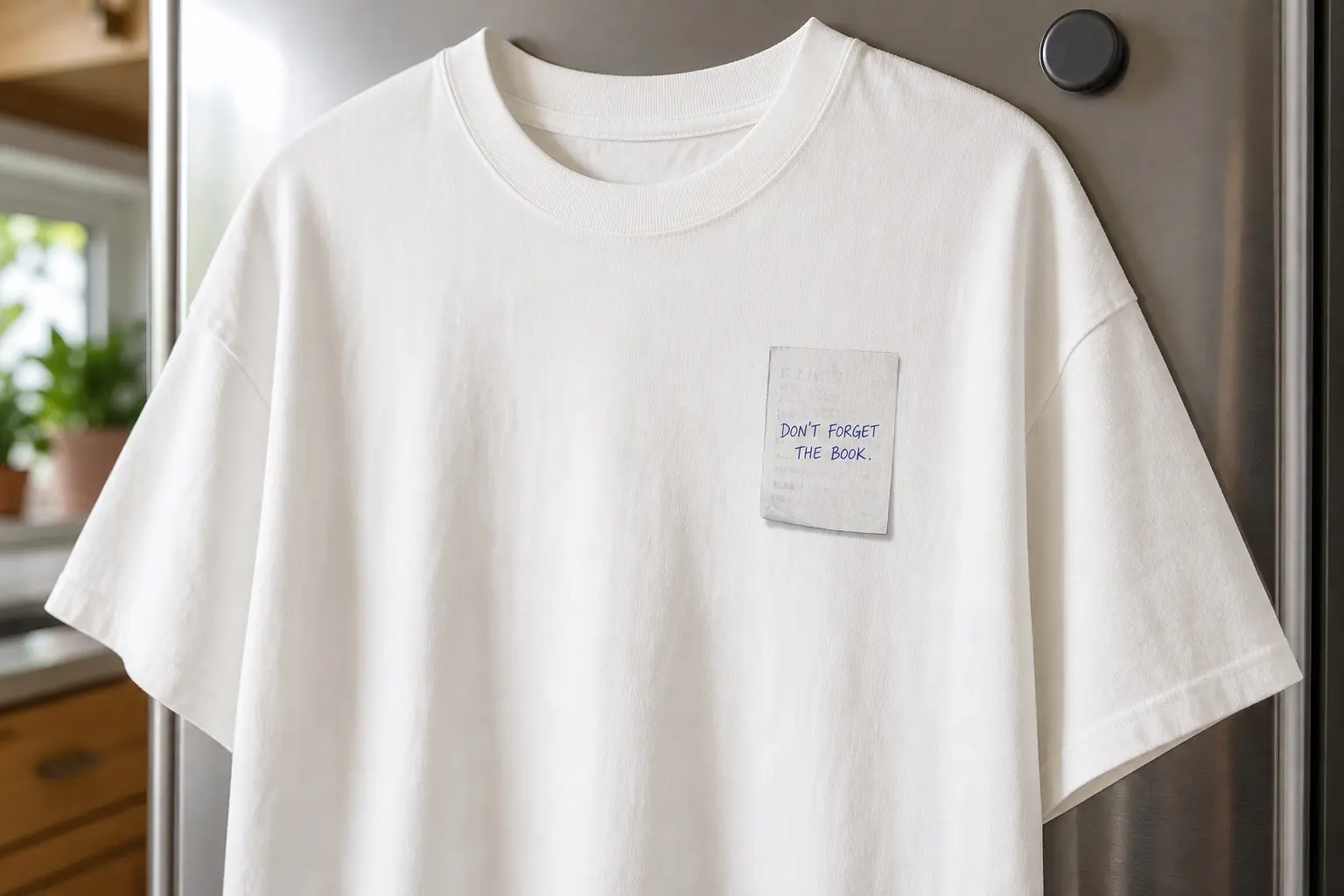 A white tee shown on a hanger against a fridge door, printed high on the left chest with a small till receipt turned to its blank side — a faint illegible ghost of figures showing through from the front, one line in hurried blue ballpoint reading DON'T FORGET THE BOOK across the middle, and the bottom-left corner curled.