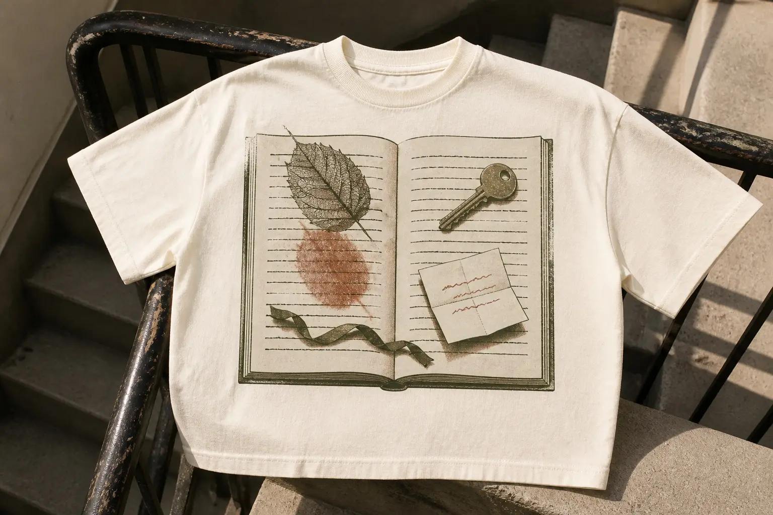 A warm-white tee laid over a stair rail, printed in olive with one book open and seen from overhead — a skeletal pressed leaf on the left page, a flat door key on the right, a folded slip with pencil squiggles below it, a ribbon curling along the bottom edge and a round rust stain under the leaf.