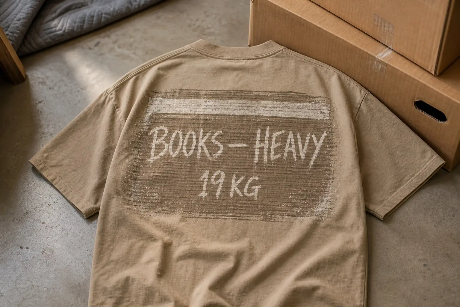 A tan tee laid flat, rear view, printed across the full width of the upper back with a chalked cardboard moving box — a pale tape band across the top seam, then BOOKS — HEAVY in large dragging chalk letters and 19 KG smaller beneath, both in chalk white against dark corrugated ridging.