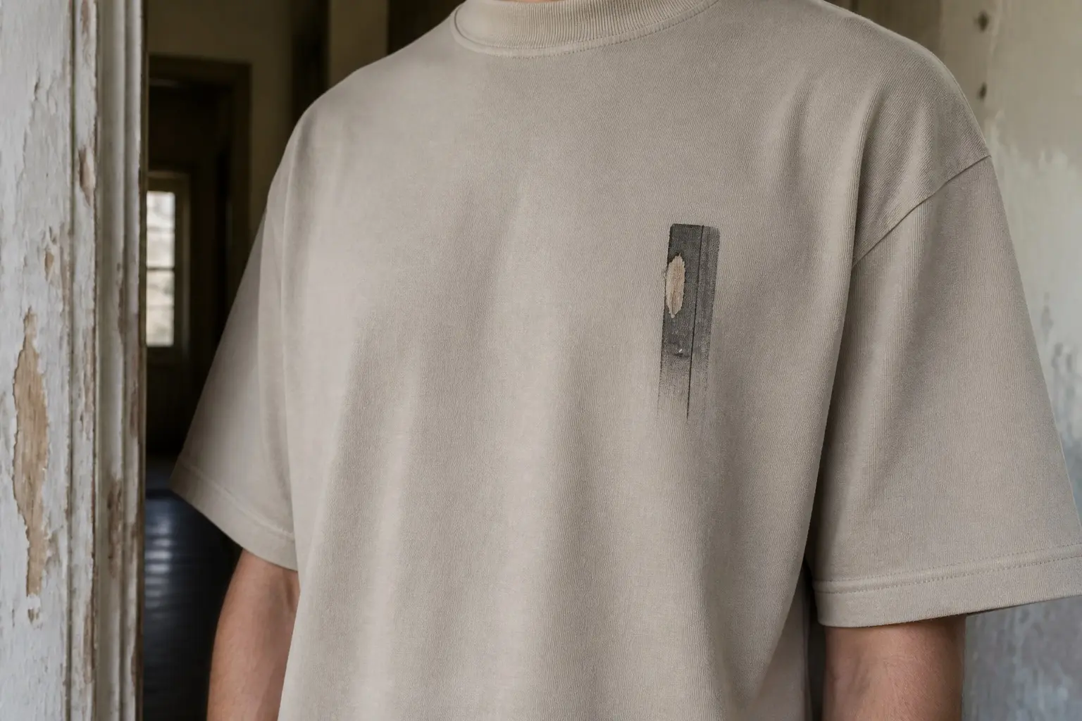 A putty tee on someone standing in a weathered hallway doorway, printed on the left chest with a compact mark of a painted doorframe worn through to bare wood in an uneven oval a third of the way down, two faint scuff lines trailing below it.