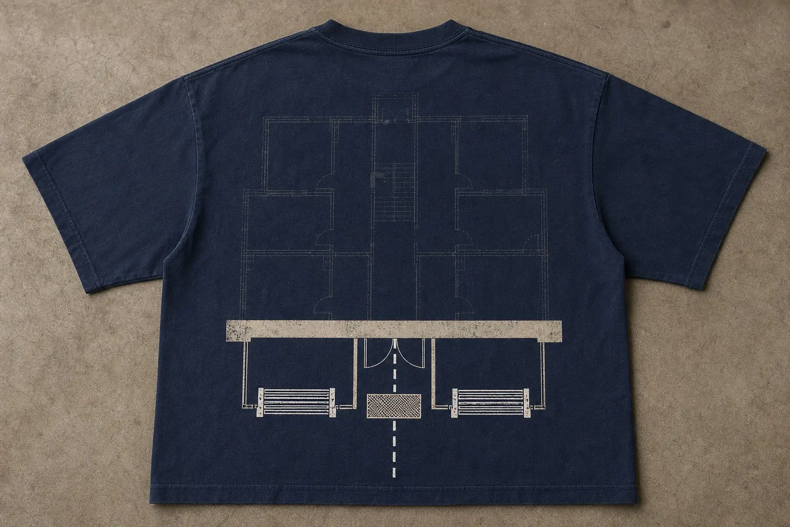 An ink-blue tee shown from the back, printed in pale cream line with an overhead site plan — a dashed path enters at the hem, runs up the centre past a hatched mat and through a double doorway, and stops against one heavy horizontal bar, above which a corridor, a stair and six rooms are drawn in faint ghost lines.