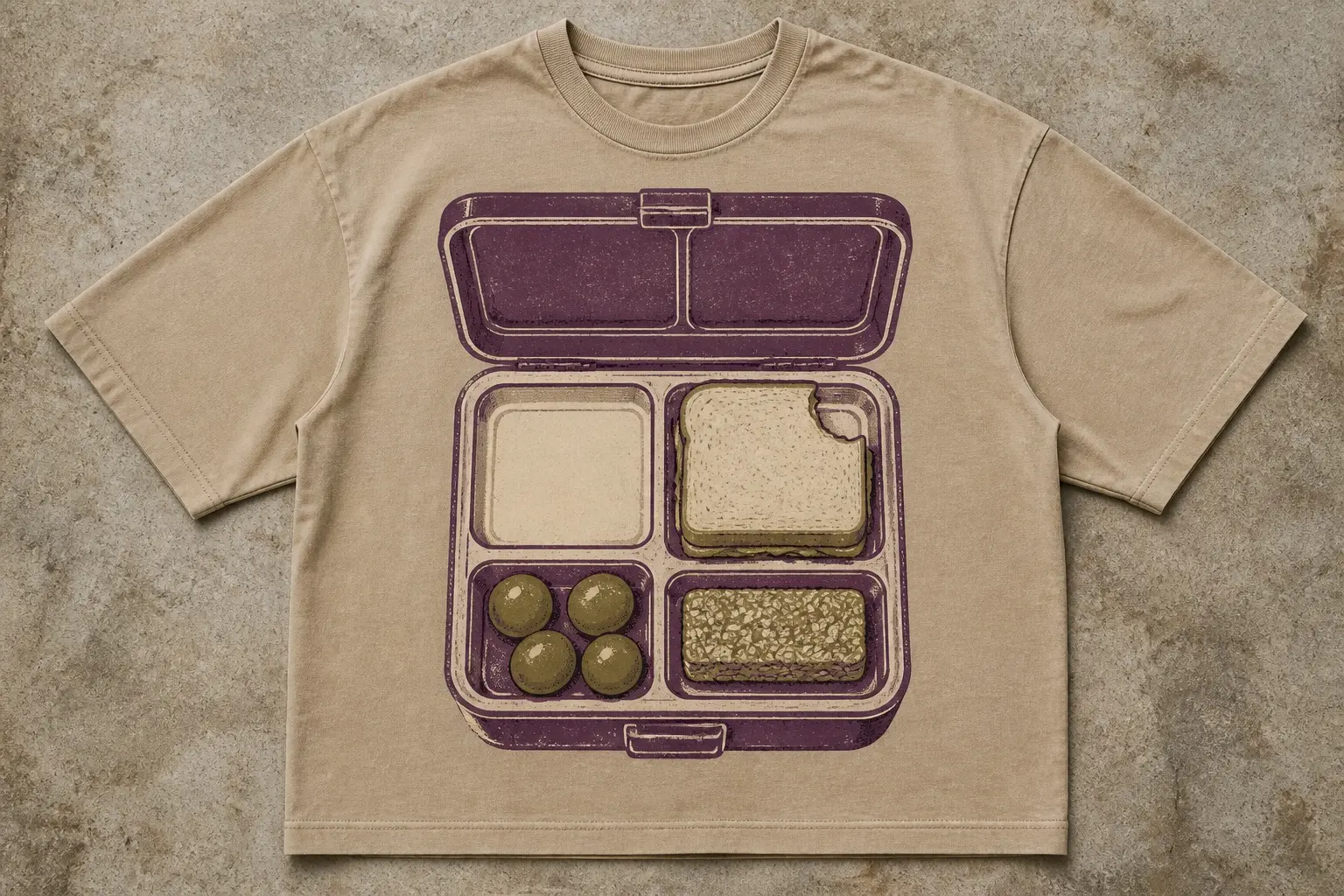 A sand tee printed with one lunchbox seen directly from above, its four moulded compartments shown plainly — first empty and wiped clean, second holding a whole sandwich with one small bite out of a corner, third holding six grapes with two gone, fourth holding a whole untouched flapjack exactly as packed.