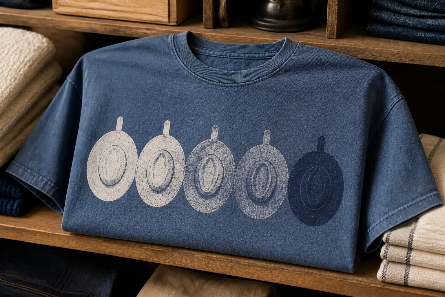 A dusty-blue tee folded on a wooden shelf among other folded garments, printed with five identical wide-brimmed hats seen from directly above in one evenly spaced row, each hanging from its own short peg, the first four running from chalky cream to a washed mid grey-blue and the fifth at the right drawn in deep saturated indigo.