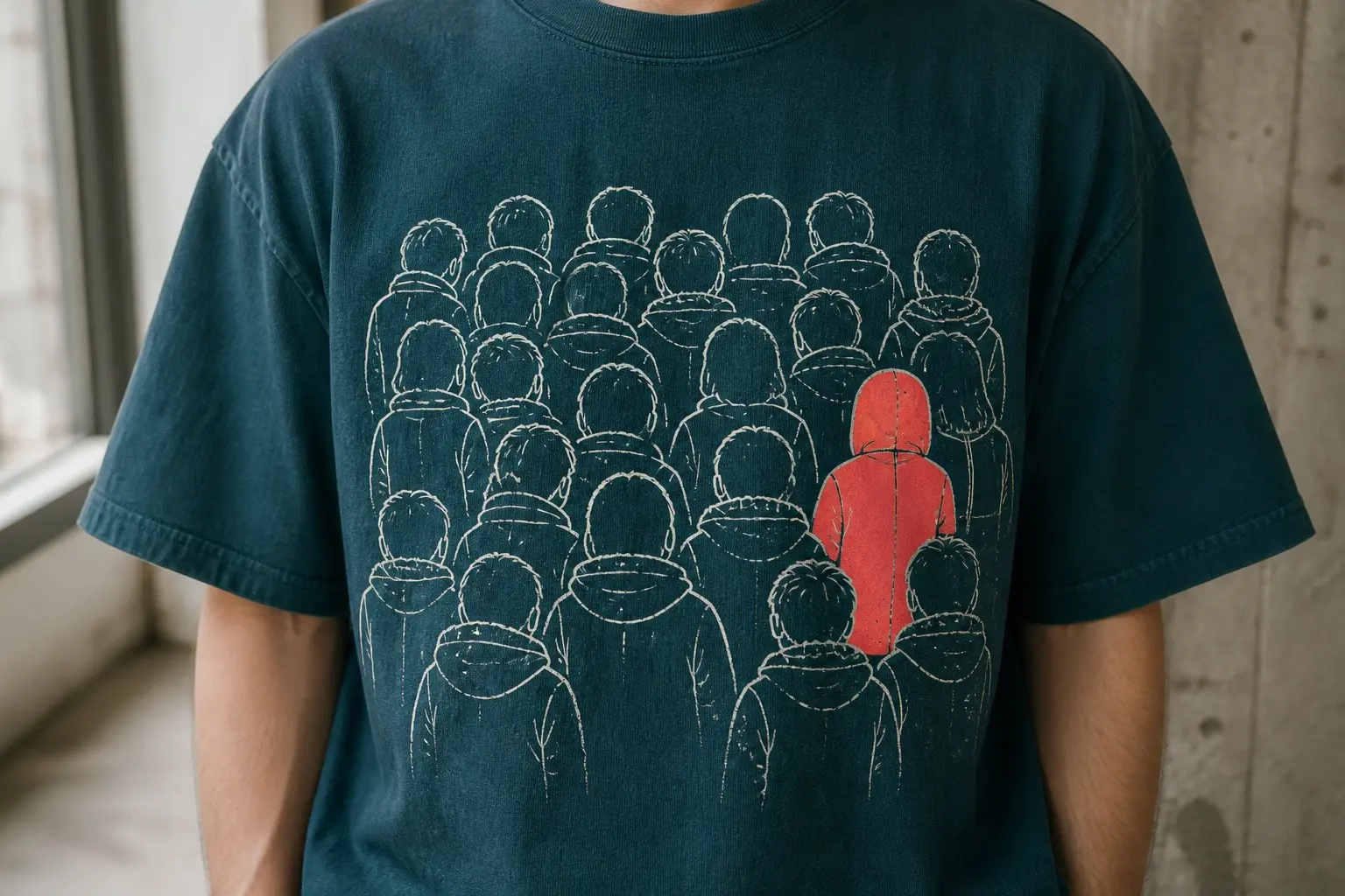 A deep teal tee printed with a crowd of children's coats seen from behind, packed and overlapping as flat outlines with no fill and no faces, except for one coat near the right filled solid in the single brightest ink, its hood shape and the line of its zip the only detail given.
