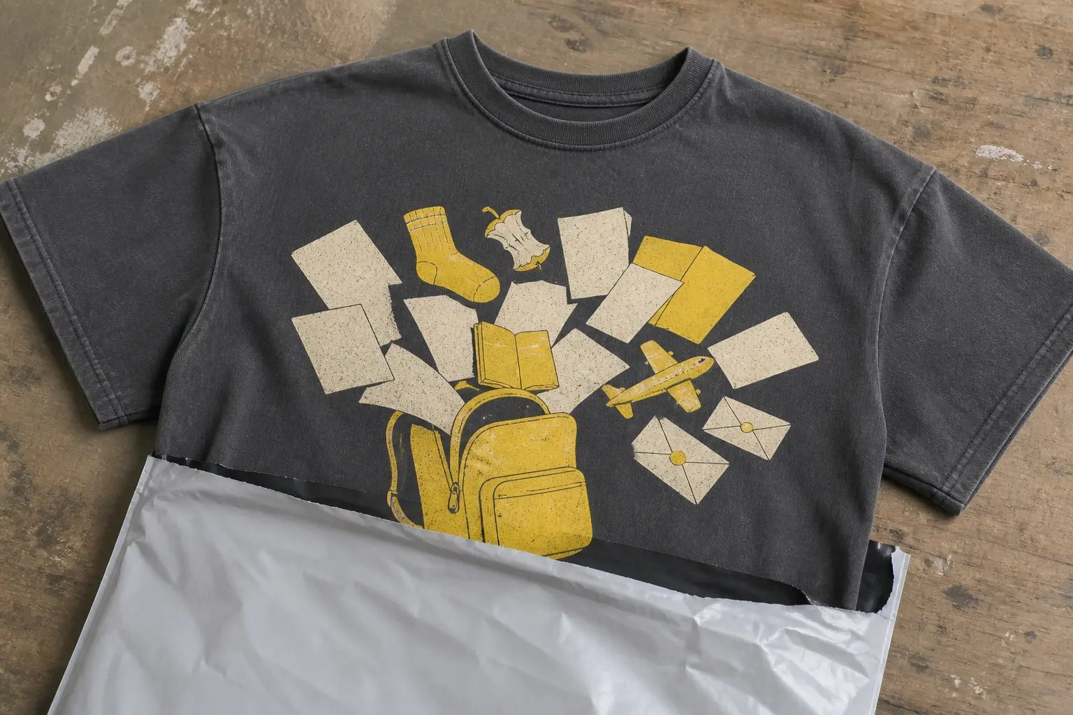 A flat cut-paper illustration of a slate grey rucksack drawn from the side, unzipped and tipped forward, spilling a wide fan of contents wider than the bag itself — eleven loose sheets of paper at every angle, a flattened cardboard model, a reading book, a sock, an apple core, a folded painting and two sealed letters — in hard shapes with no text anywhere.