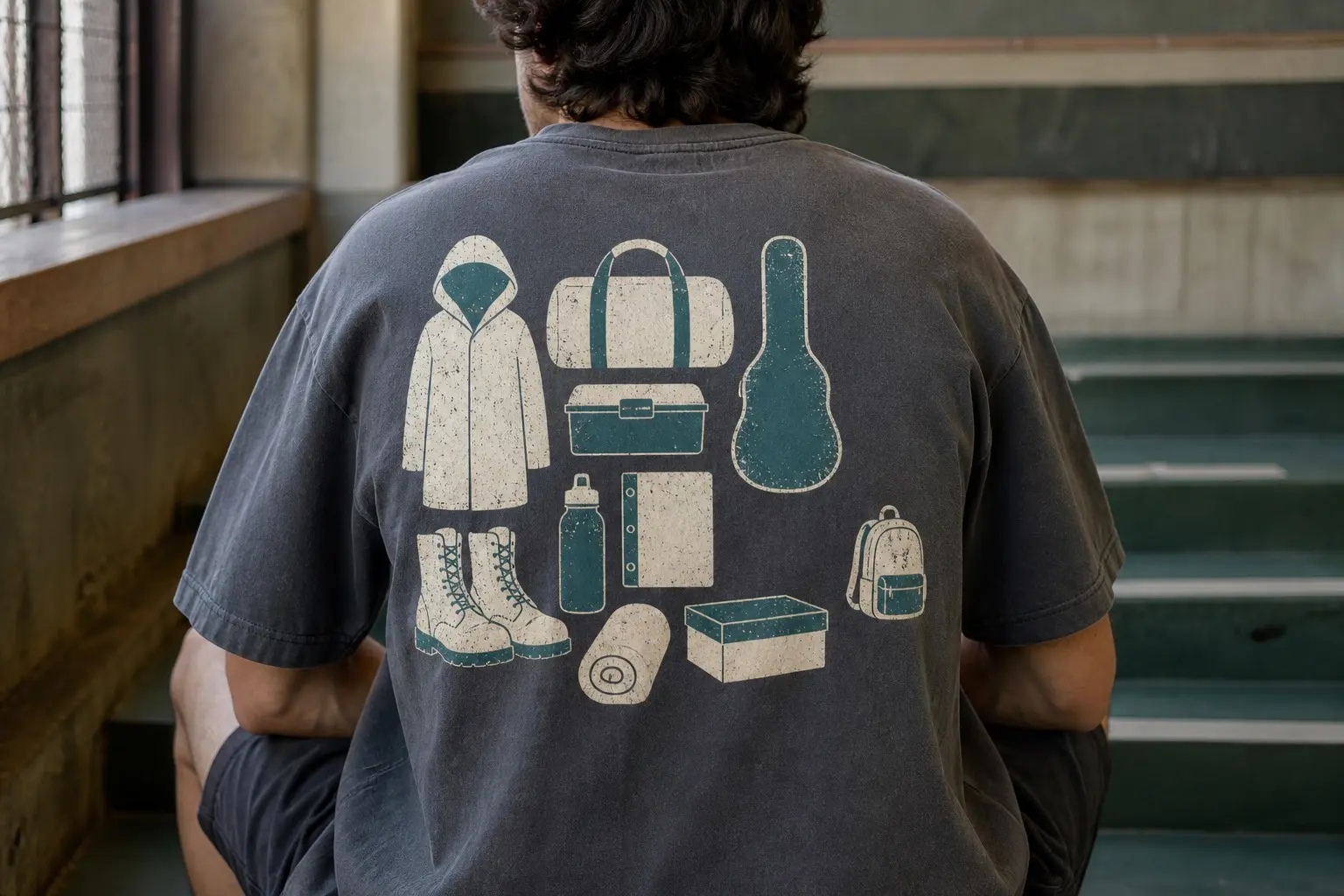 A pewter tee seen from behind on a seated figure, printed across the back in off-white and deep teal with nine objects laid out from directly overhead in one dense block — a hooded coat, a kit bag, a hard instrument case, a lidded tray, a water bottle, a ring binder, a pair of laced boots, a rolled towel and a shoebox — with one school backpack drawn at the same scale set apart alone in empty space at the right.
