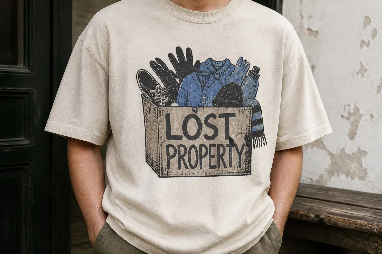 An oatmeal tee printed with a battered cardboard box seen straight on and slightly from above, overfull and heaped with unmatched things — four odd gloves, two jumpers, a shoe with no pair, a hat, a scarf, a water bottle — the front face hand-lettered in thick uneven marker reading LOST PROPERTY.