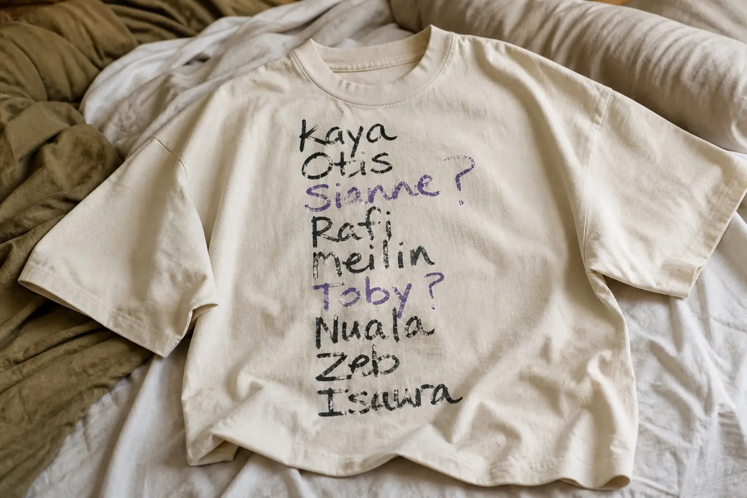 A bone tee printed with nine first names in one handwritten column, written fast in one hand — Kaya, Otis, Sianne?, Rafi, meilin, Toby?, Nuala, Zeb, Isuura — with meilin left in lower case where every other name is capitalised, and Sianne? and Toby? added in a visibly different pen from the rest of the list.