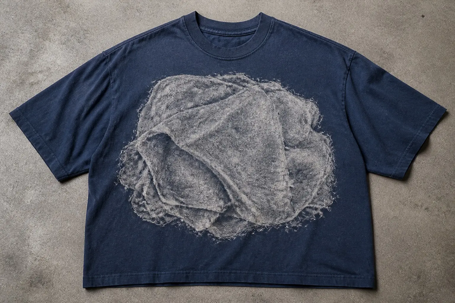 A washed indigo tee printed with one small piece of paper shown large and alone after going through the wash — a soft grey pulped lozenge with furred edges, half-dissolved, its folds fused, a fine bloom of loose fibre around its rim, and every trace of ink washed out into pale shapeless ghost clouds with not one legible letter anywhere.