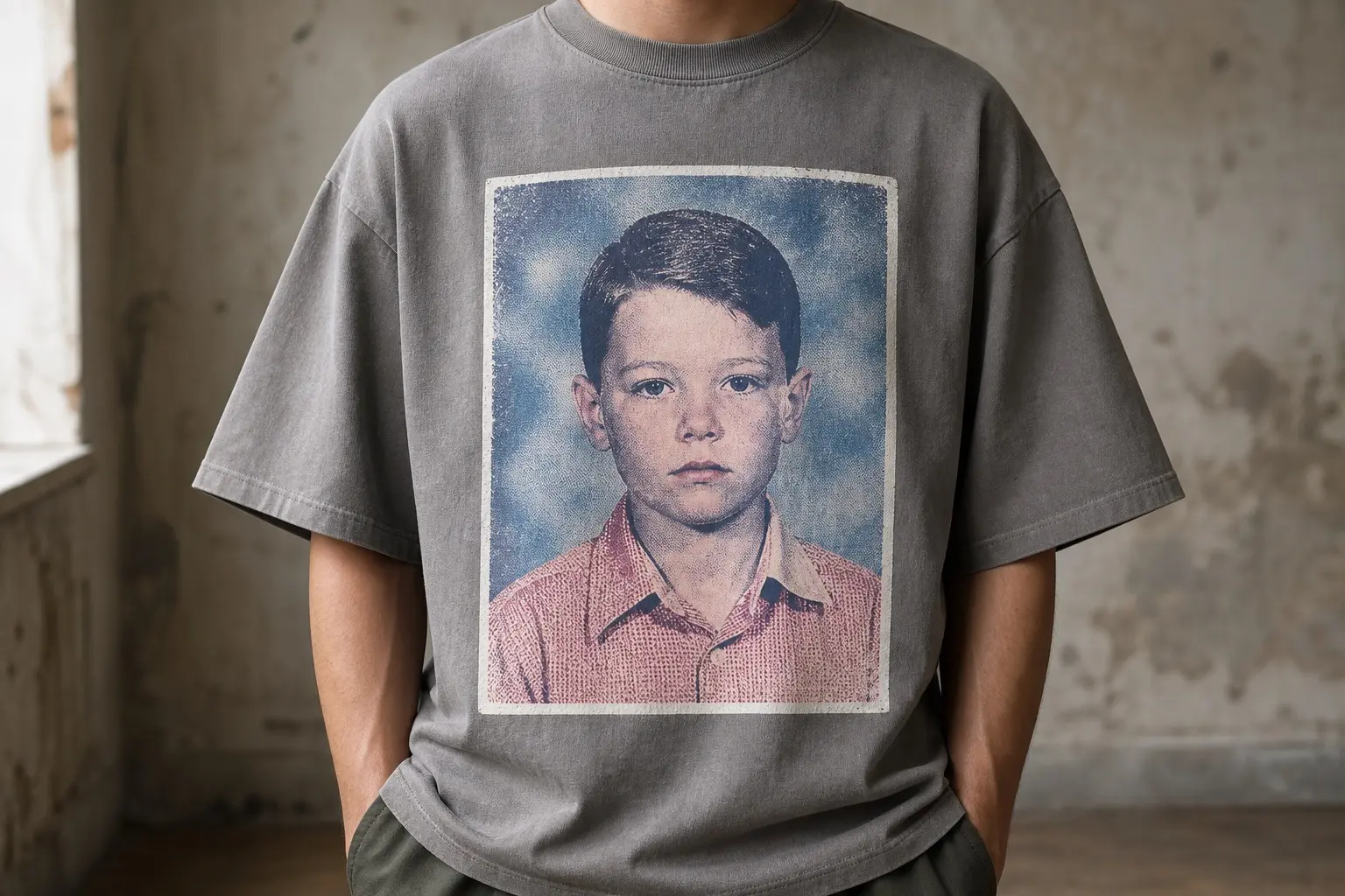 A mid grey tee printed with a halftone school portrait of a single child from the chest up, shoulders square and unsmiling, hair combed flat to a hard parting and the top button done up on a shirt that isn't uniform, set against a mottled cloud-blue studio backdrop that falls off into the corners, framed by a slightly crooked white border.