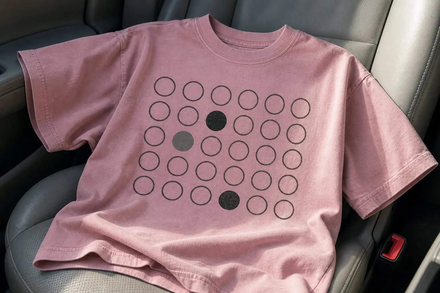 A dusty pink tee printed with thirty hair elastics arranged in a strict grid, six across and five down, all identical, exactly three drawn as solid filled shapes and the other twenty-seven left as hollow outlines, the three filled ones not adjacent to each other and not in the corners.
