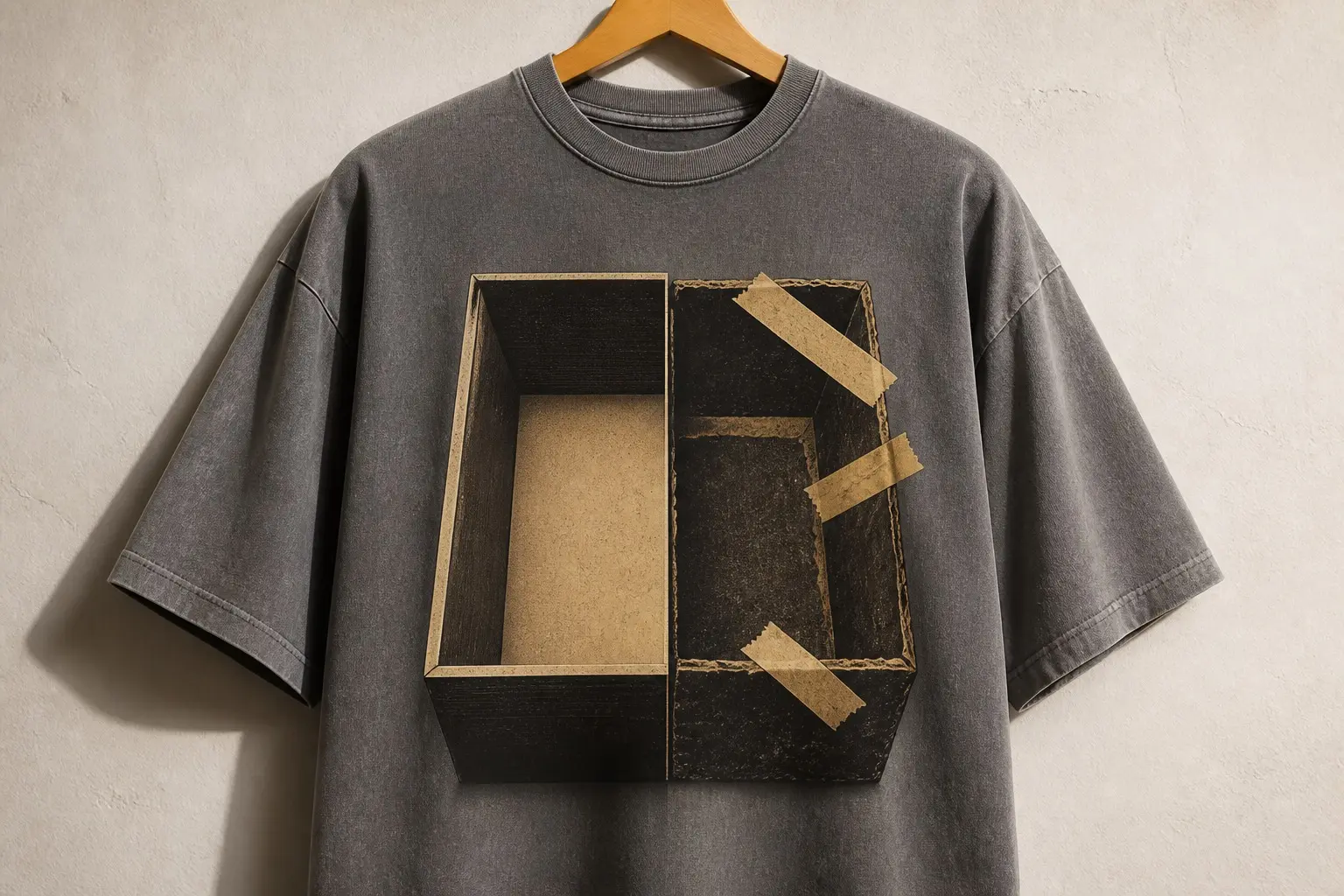 A washed charcoal tee on a plain wooden hanger against a pale wall, printed with a cardboard box in three-quarter view cropped close and divided down the middle into two compartments, the left cut square with a ruler and showing a flat kraft floor, the right torn by hand with ragged edges and three strips of ochre masking tape stuck on at three different angles.