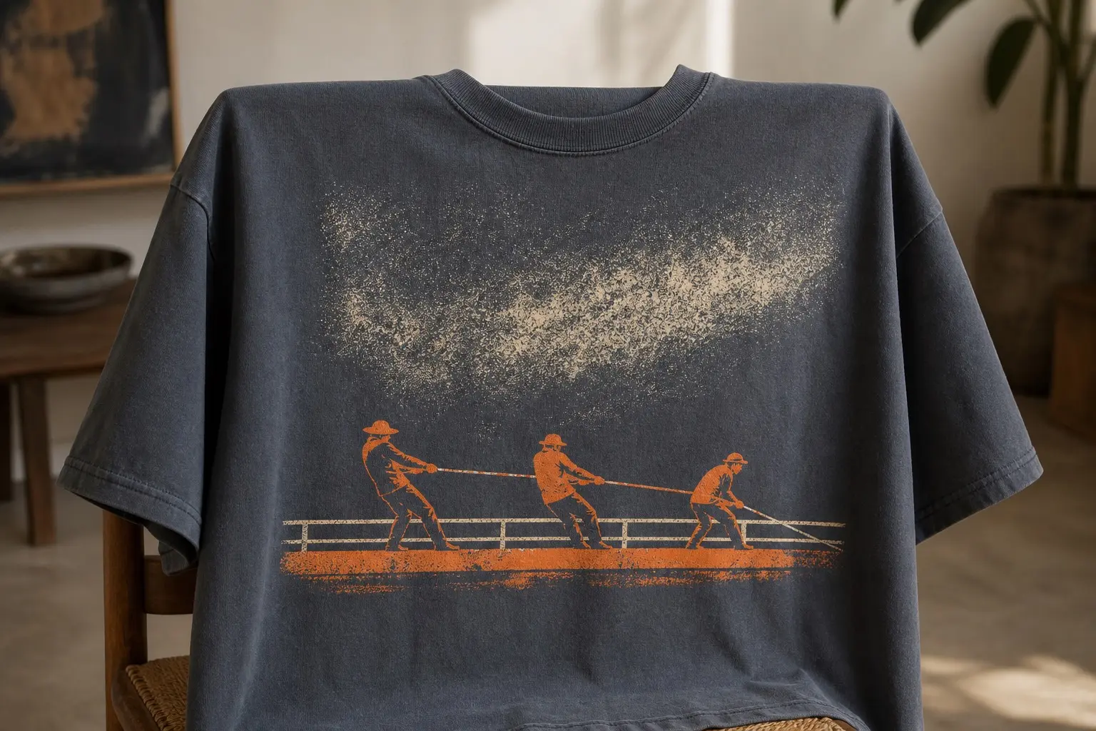 A slate shirt printed in cream and orange with three small faceless figures spread along a deck rail hauling a line, the rail running the full width low in the frame beneath a large empty band of sky.